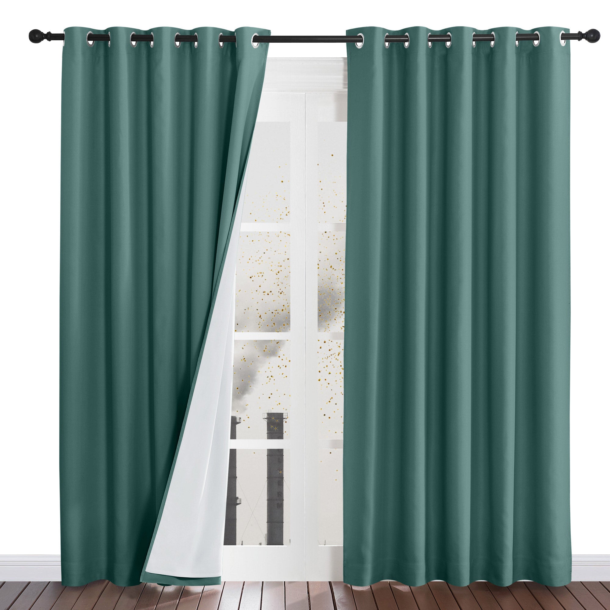 Left panel of teal four-layer dustproof curtains pulled back to reveal the white liner, blocking outside dust.