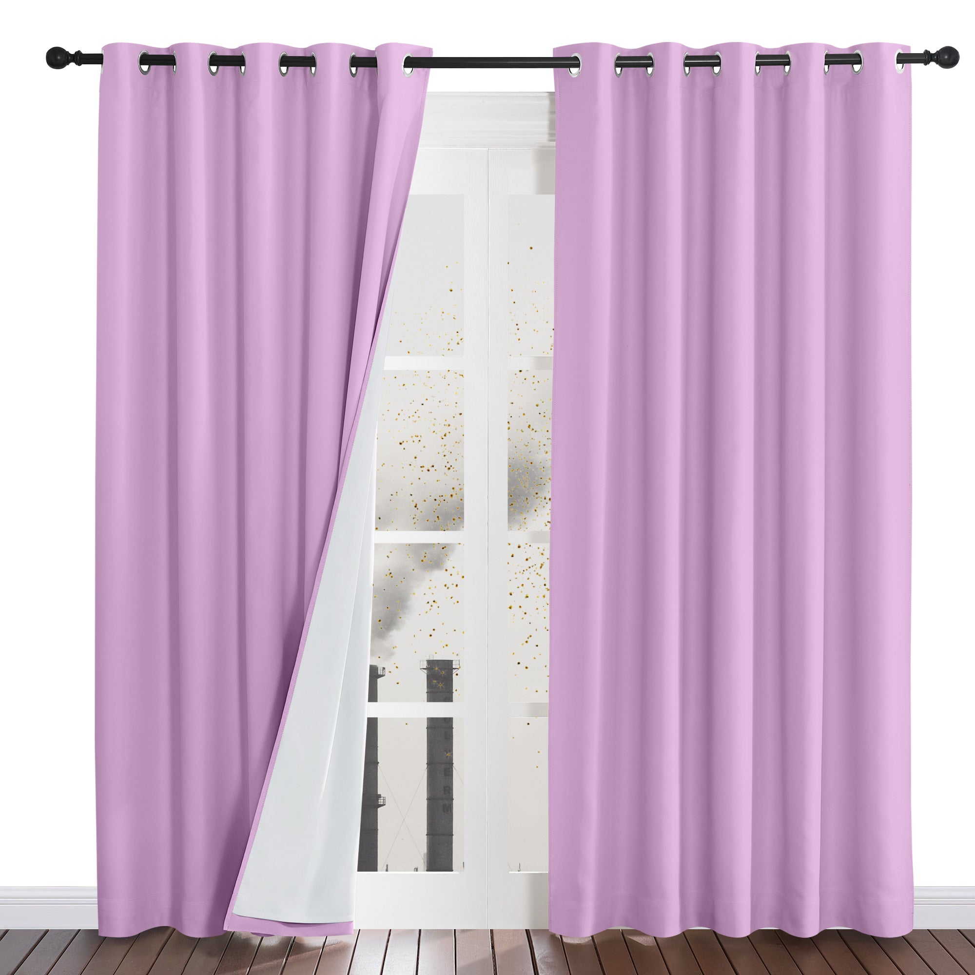 A lavender four-layer dustproof curtain pulled back to reveal its white lining, effectively blocking dust seen through the window.
