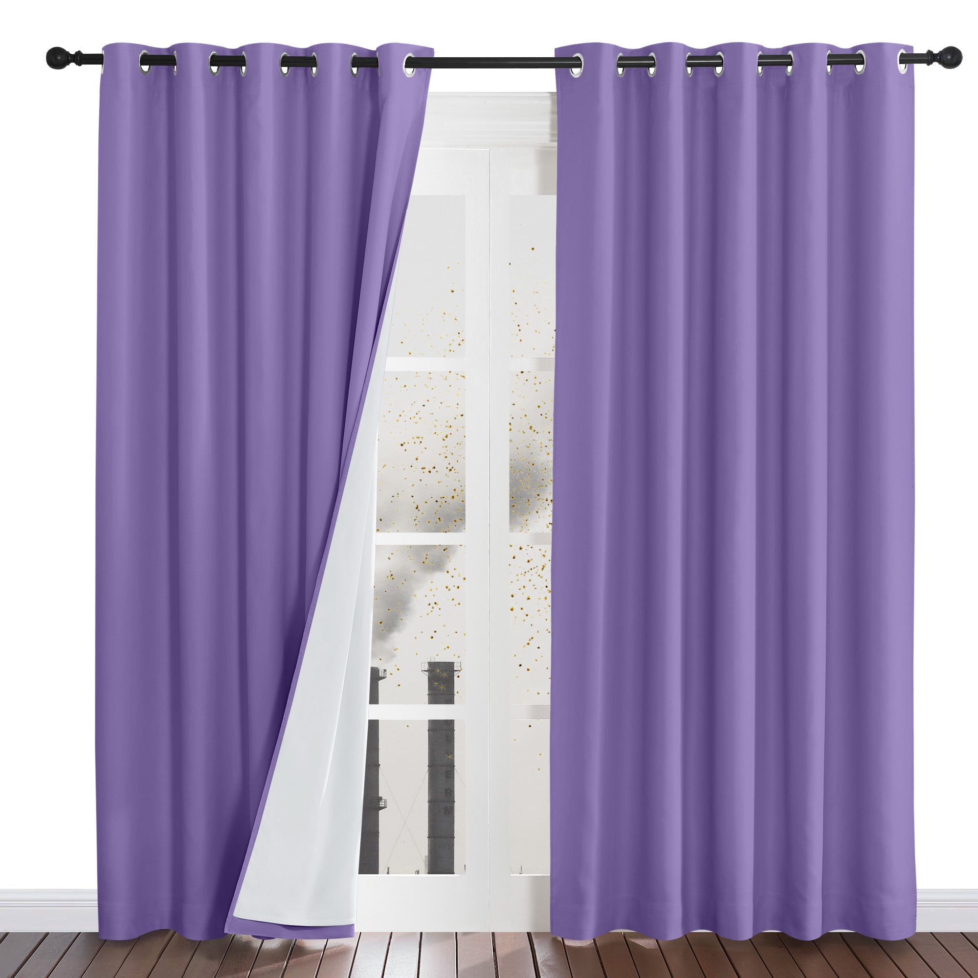 A purple dustproof curtain panel pulled back to reveal the white four-layer liner blocking out a dusty, polluted view.