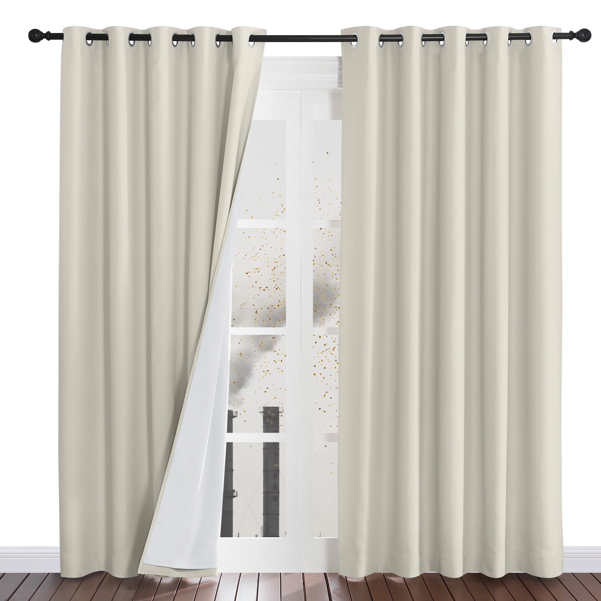 Four-layer dustproof curtains in cream, with one panel pulled back to reveal the white inner lining blocking outside dust.