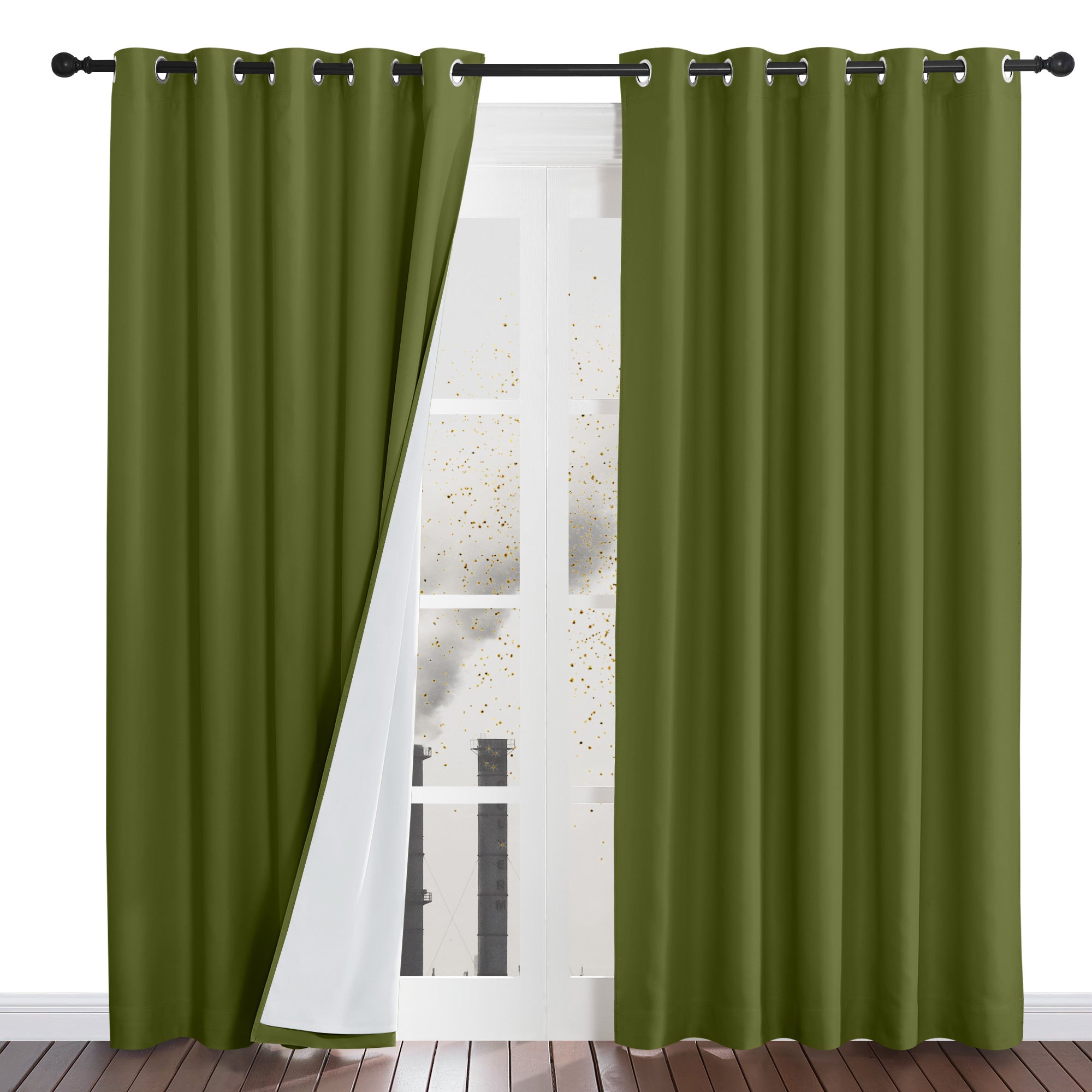 An olive green dustproof curtain panel pulled aside to reveal the white four-layer liner against a window.