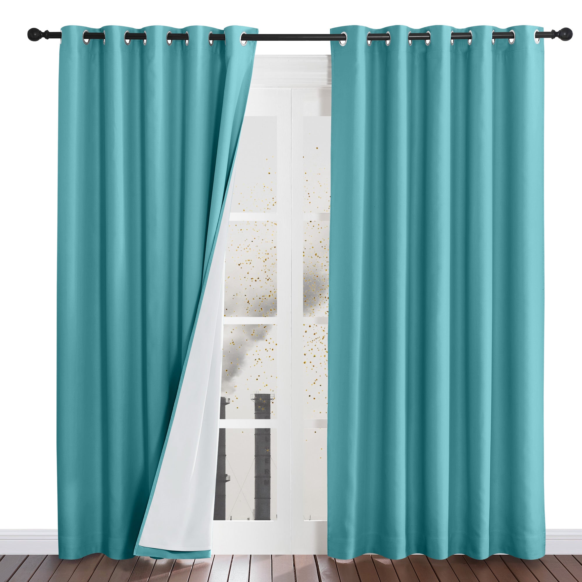 A pair of teal four-layer dustproof curtains with one panel pulled back to reveal the white inner lining blocking pollutants.