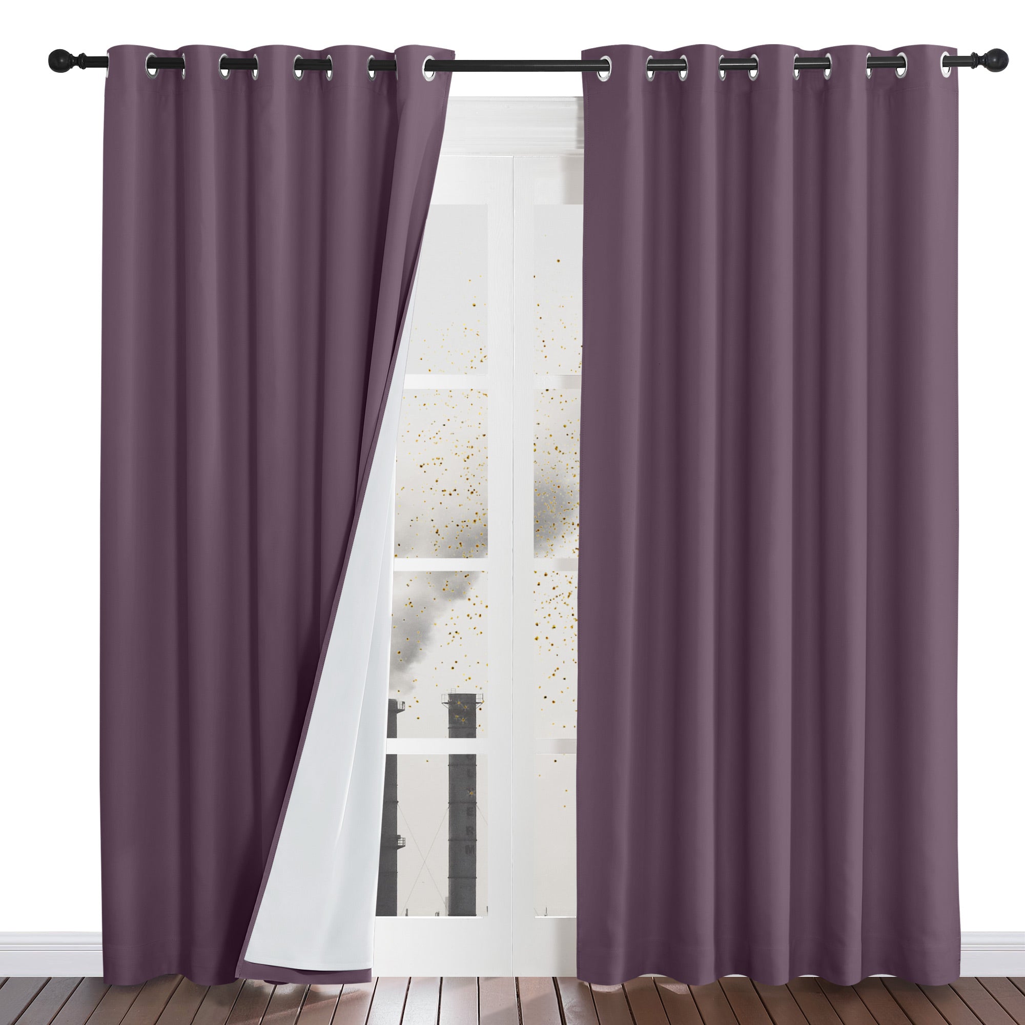 Plum purple four-layer dustproof curtains on a rod, with one panel pulled back to show the white backing layer.