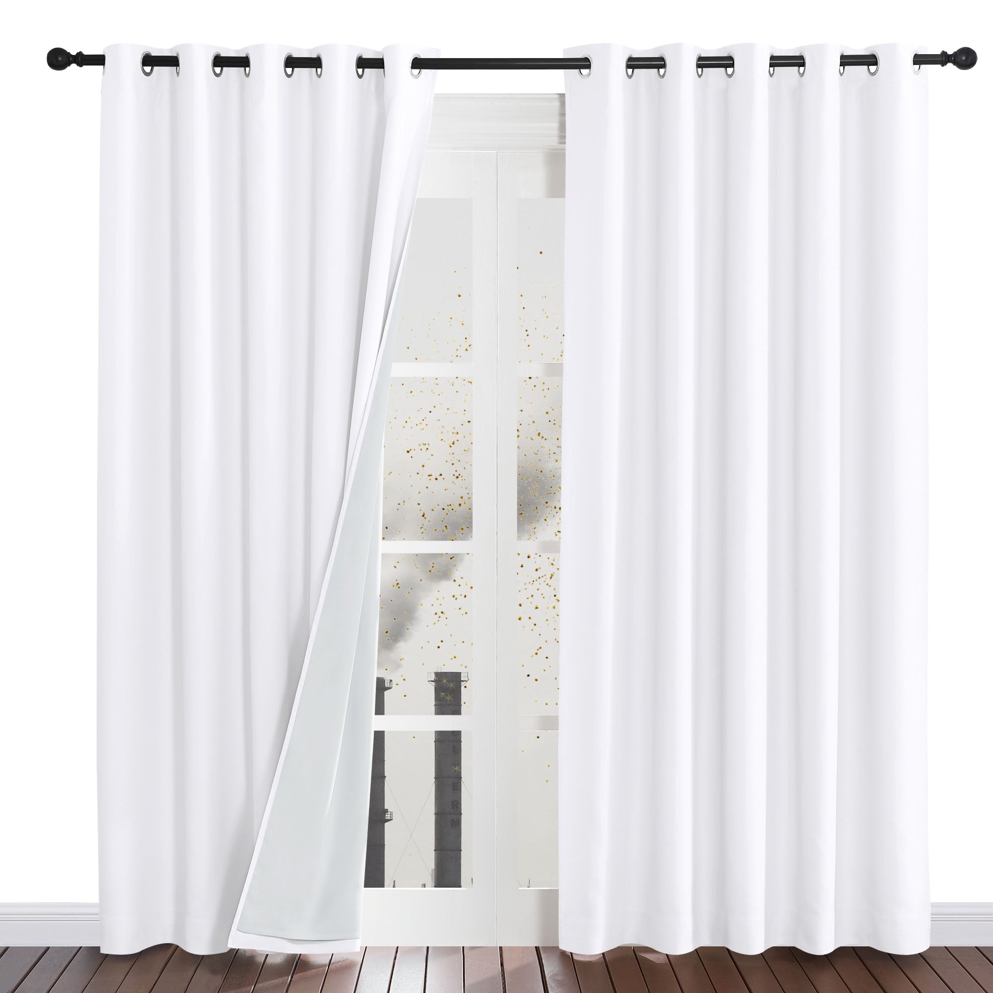 A white dustproof curtain panel is pulled back, revealing its four-layer construction that blocks dust from the window.