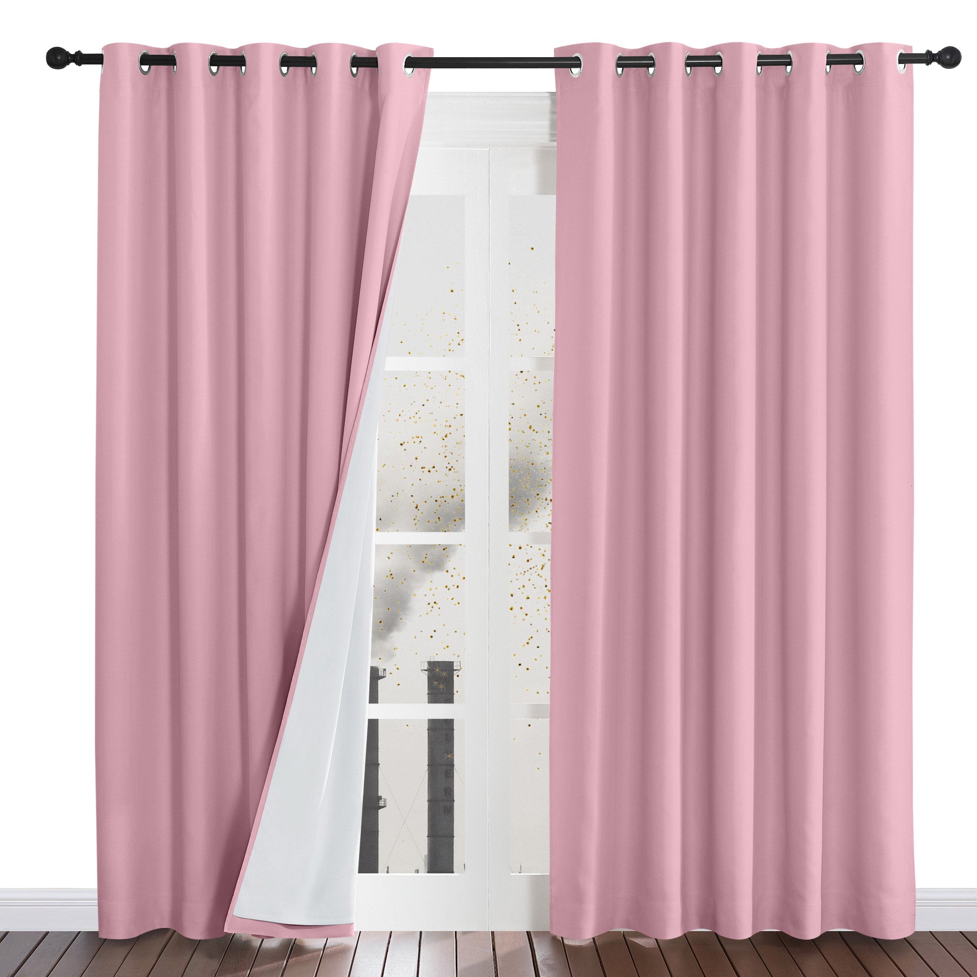 Four-layer dustproof curtains in pink, with one panel pulled back to show the white liner and silver grommets.