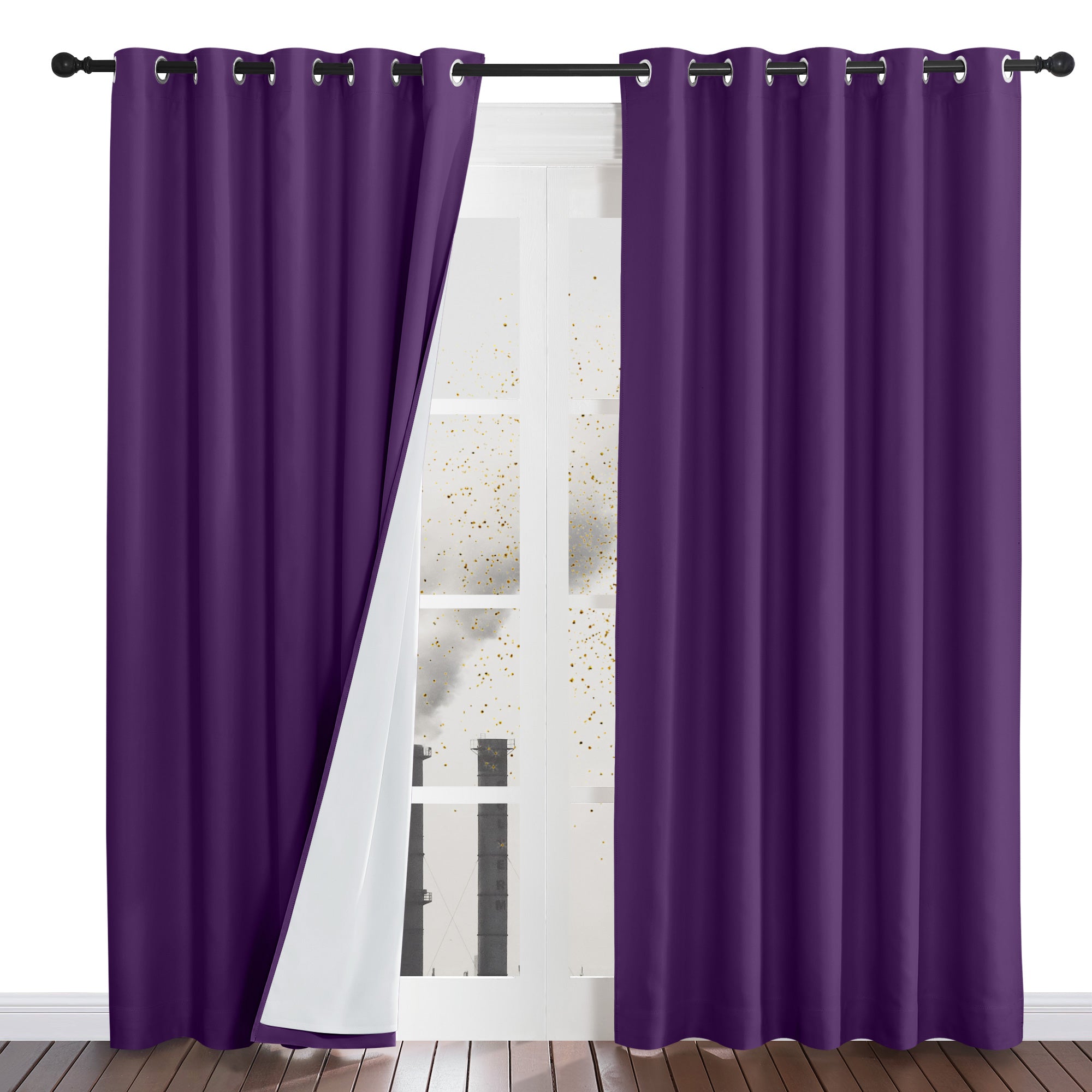 Purple four-layer dustproof curtains hung on a rod, with one panel pulled back to reveal a white liner and block outside dust.