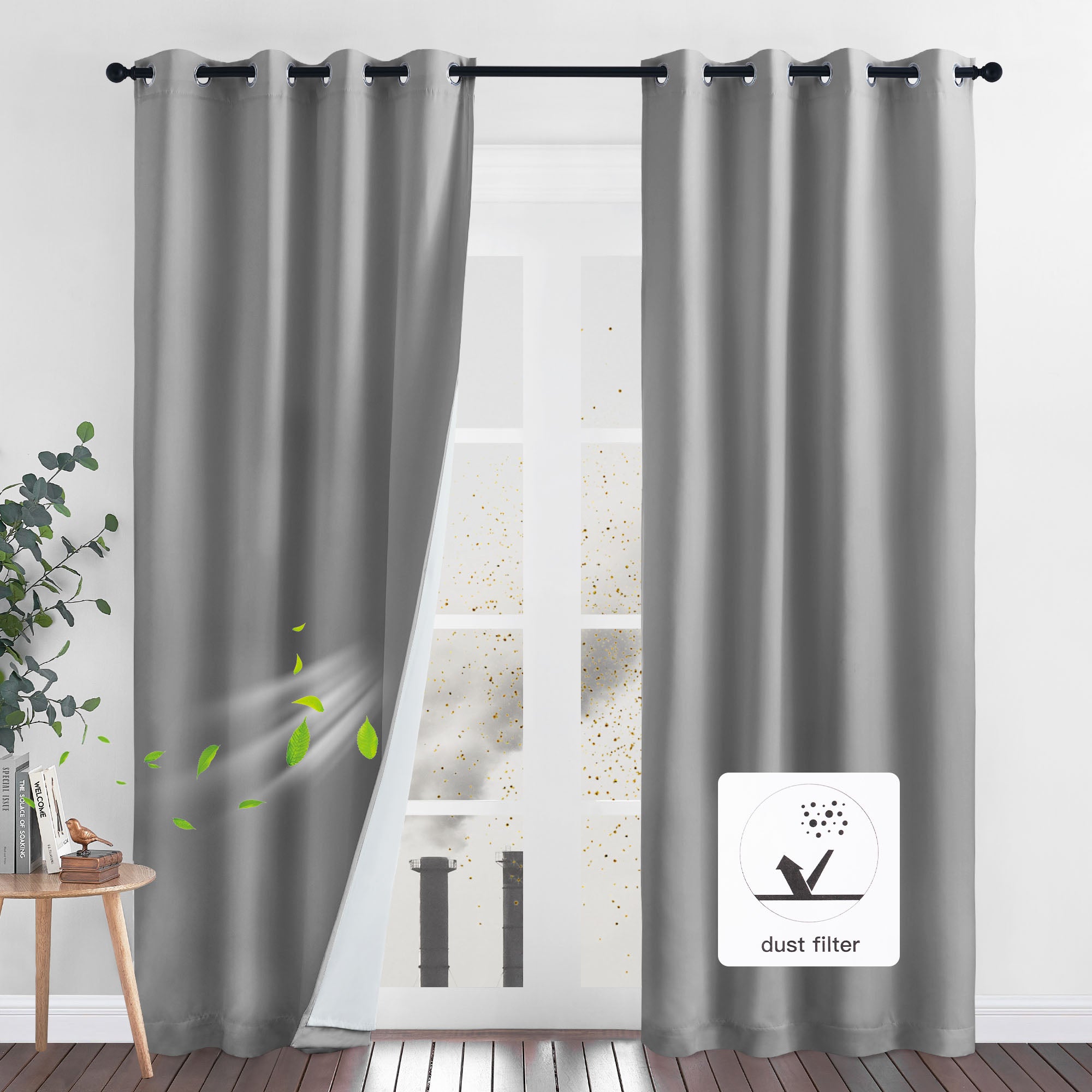 Illustration of grey dustproof curtains blocking outside pollutants, showing the dust filter feature for cleaner air.