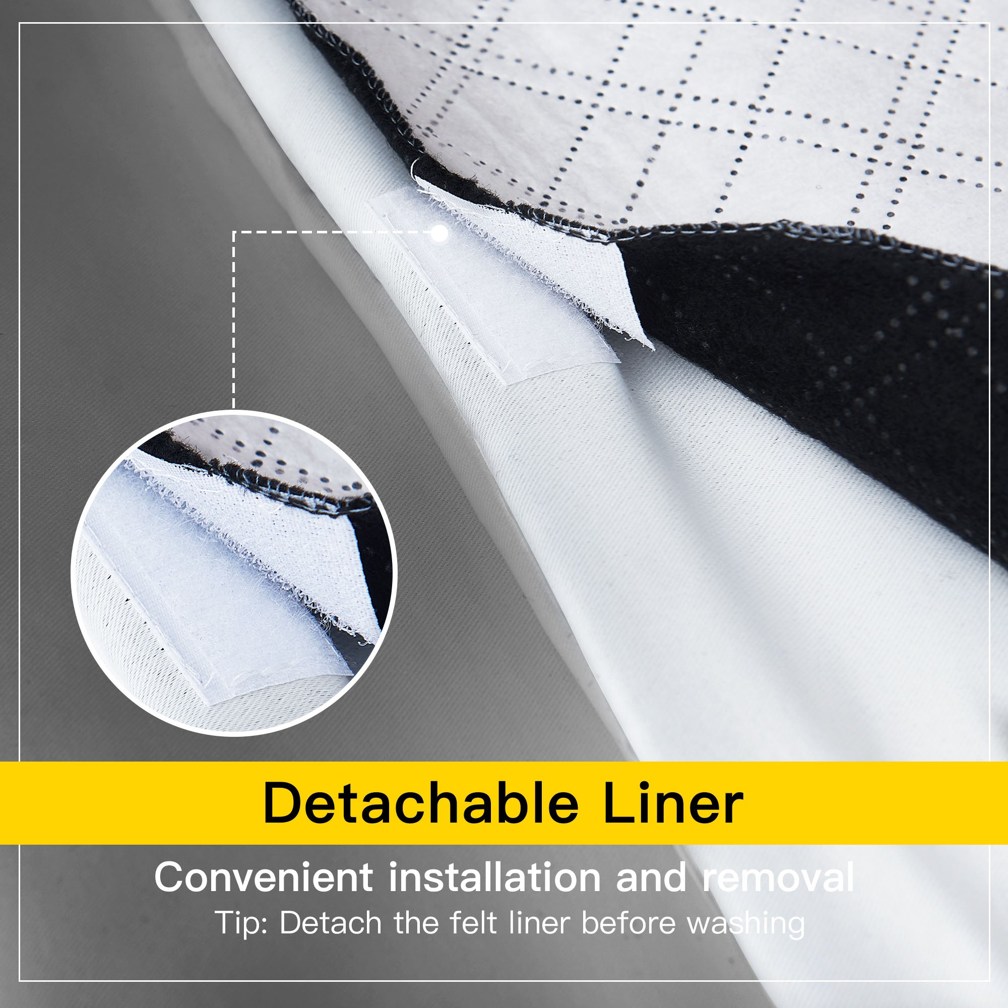 Close-up of four-layer dustproof curtain's detachable liner with velcro strip for easy removal before washing.