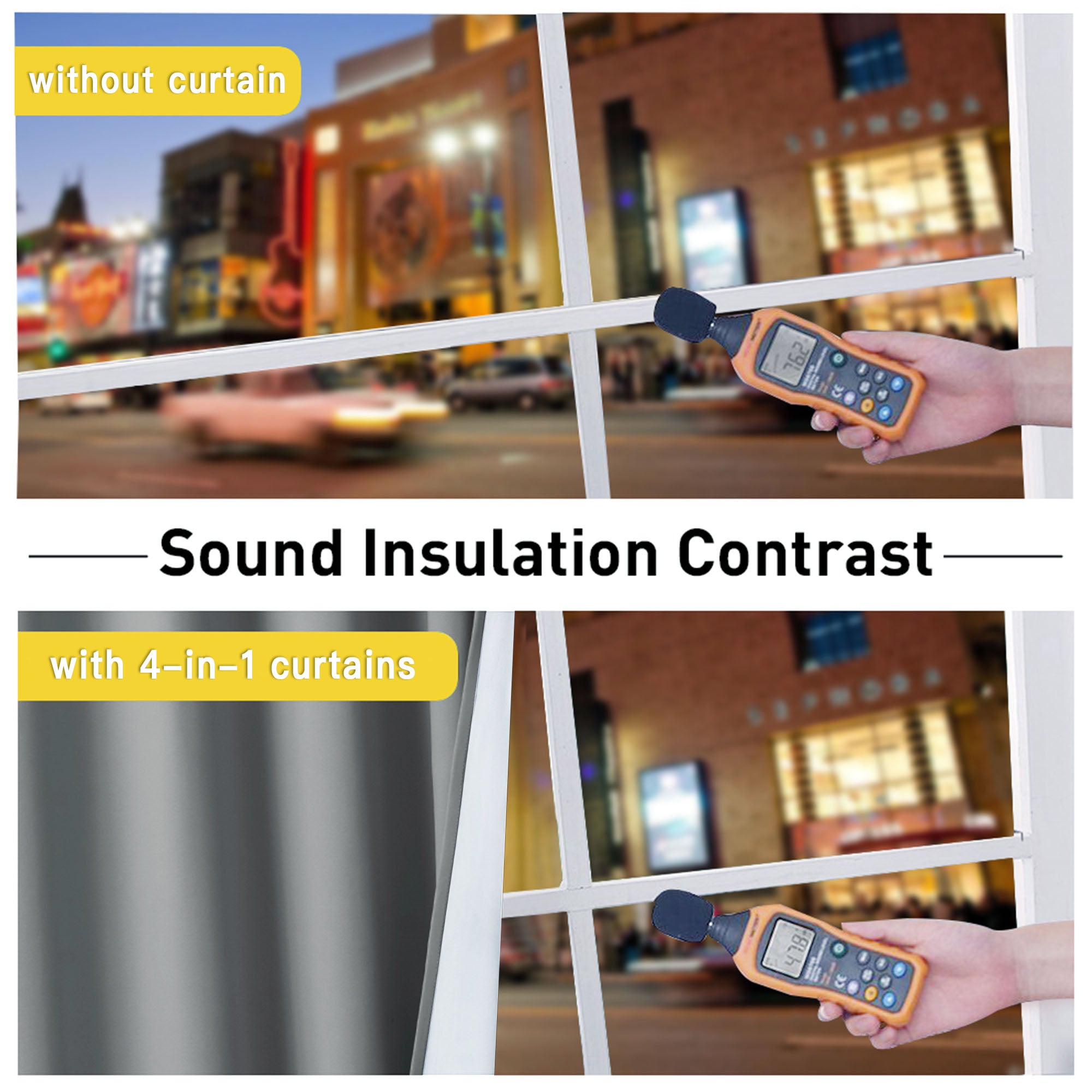A sound insulation contrast shows noise levels dropping from 76.2 to 47.8 decibels with the four-layer dustproof curtains.