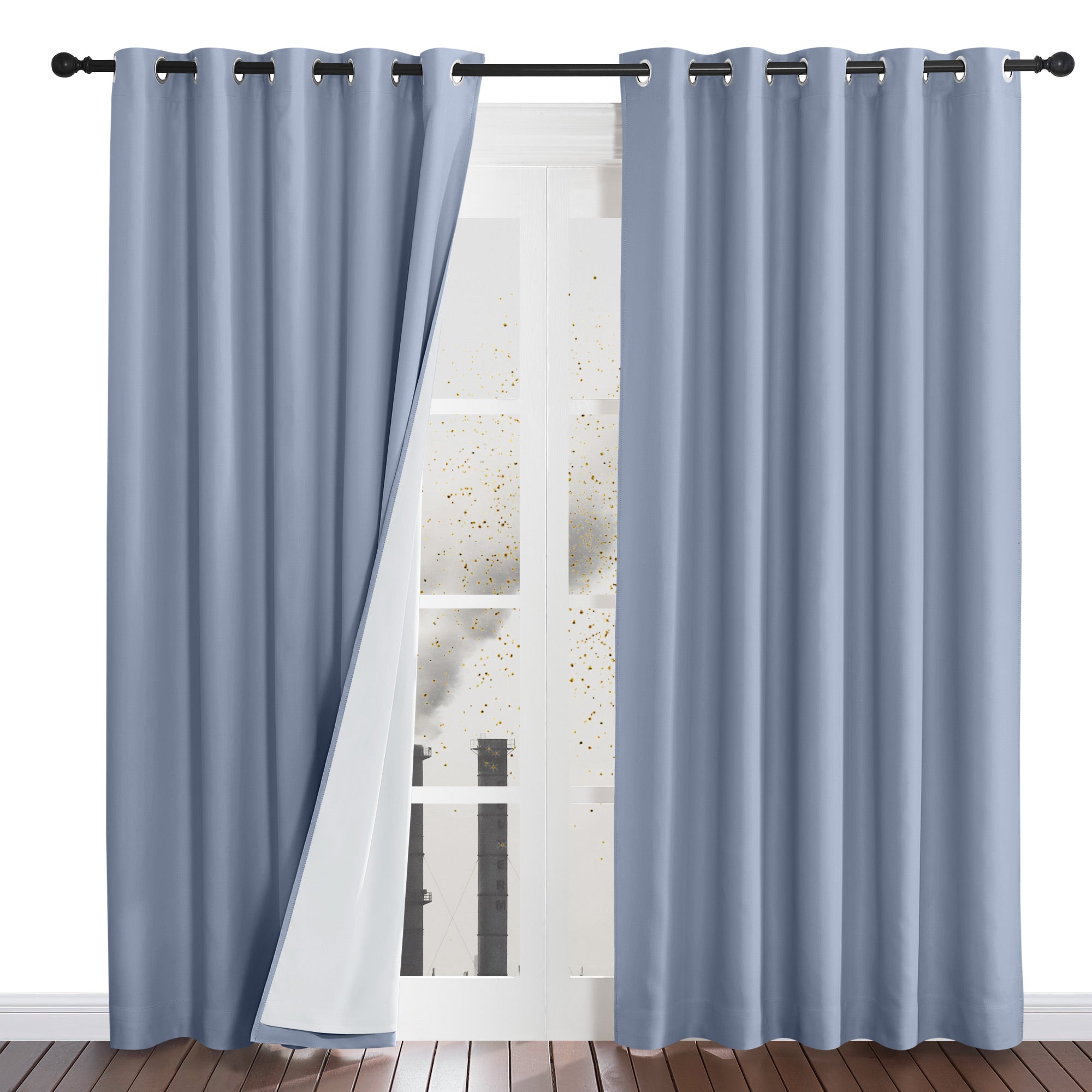 Dusty blue four-layer dustproof curtains with a white liner, shown blocking a window view of dust and pollution.
