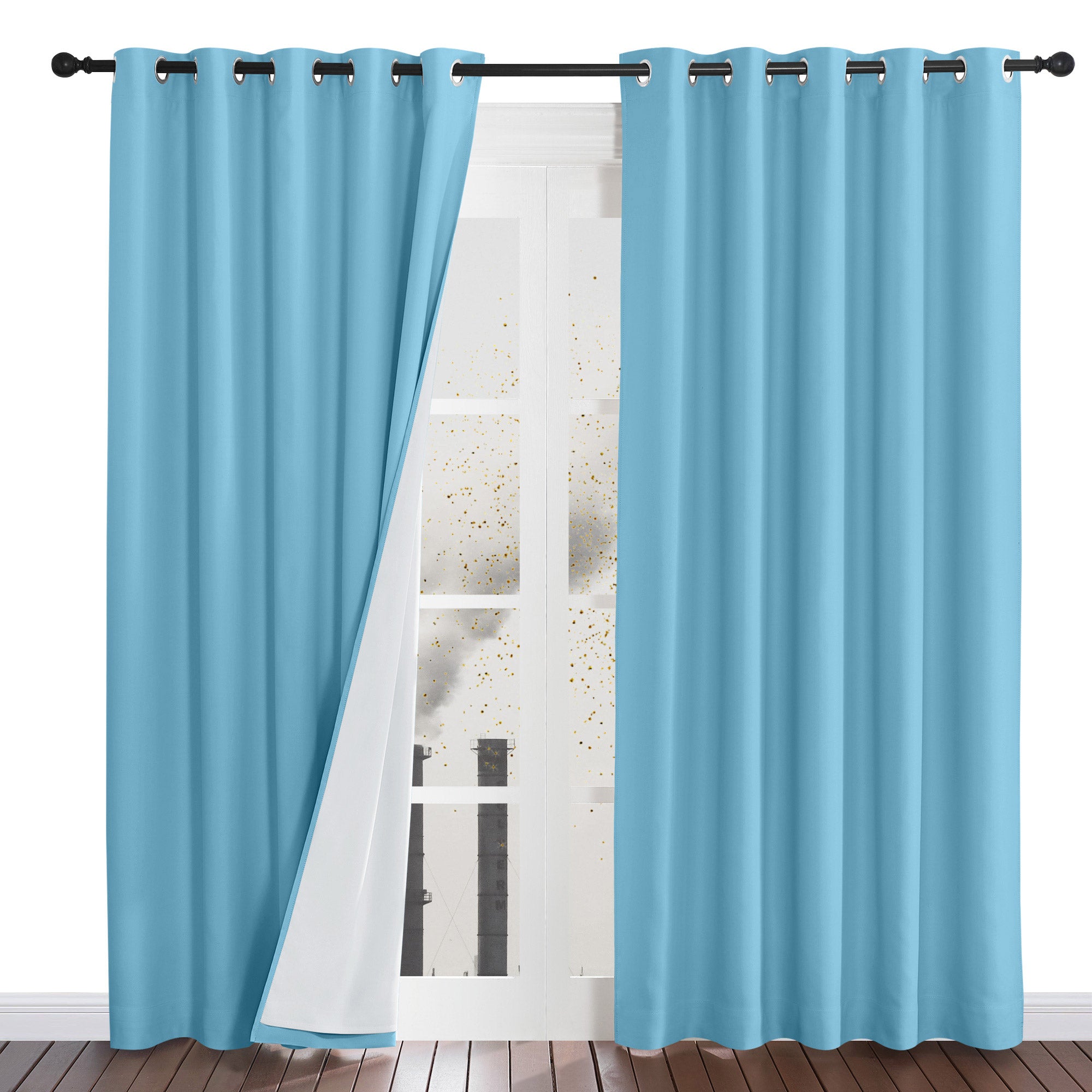 Blue dustproof curtains showing the four-layer design with a white liner that blocks outside pollution from a window.