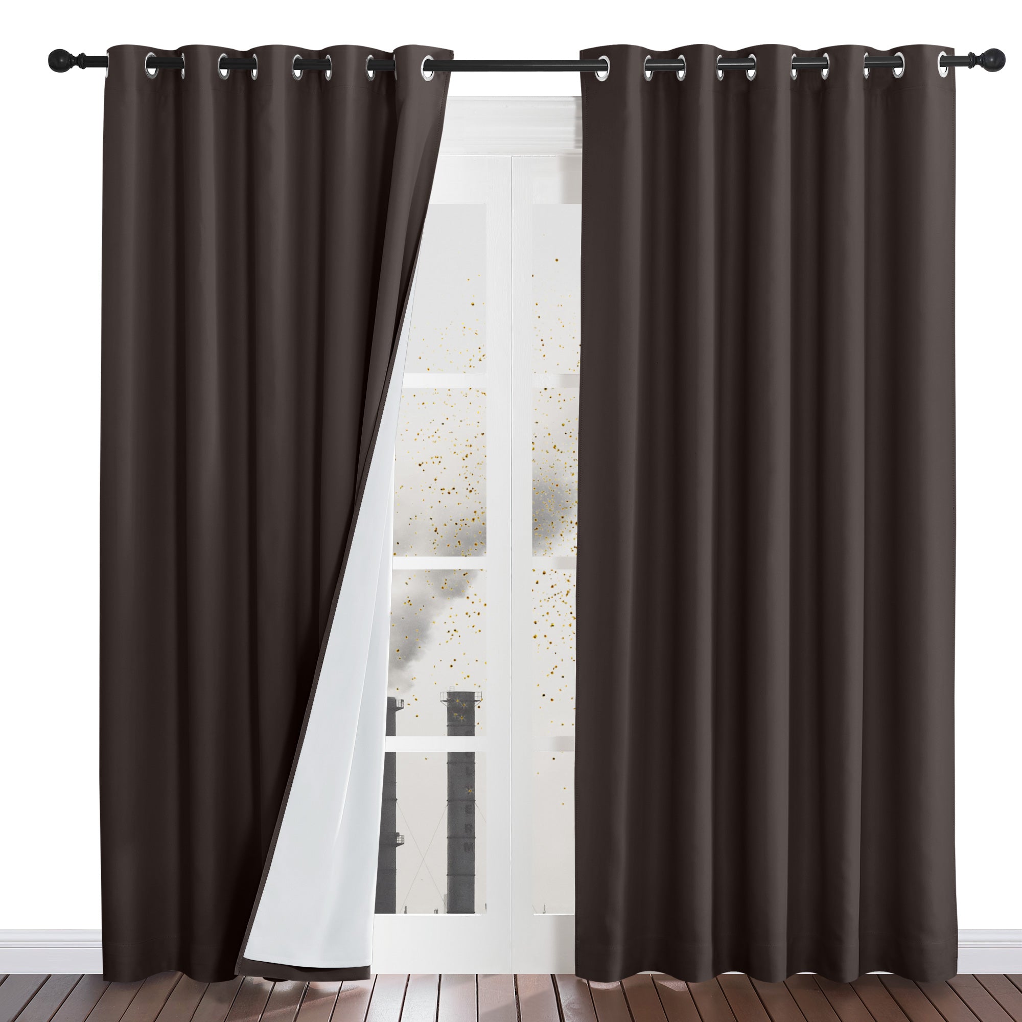 Dark brown four-layer dustproof curtains with grommets. One panel is pulled back to show the thick, white inner lining.