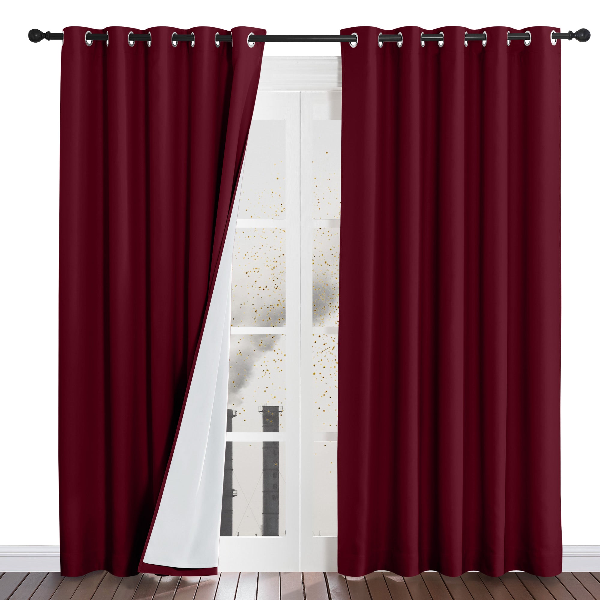Burgundy four-layer dustproof curtains with silver grommets, with one panel pulled back to reveal the white inner lining.