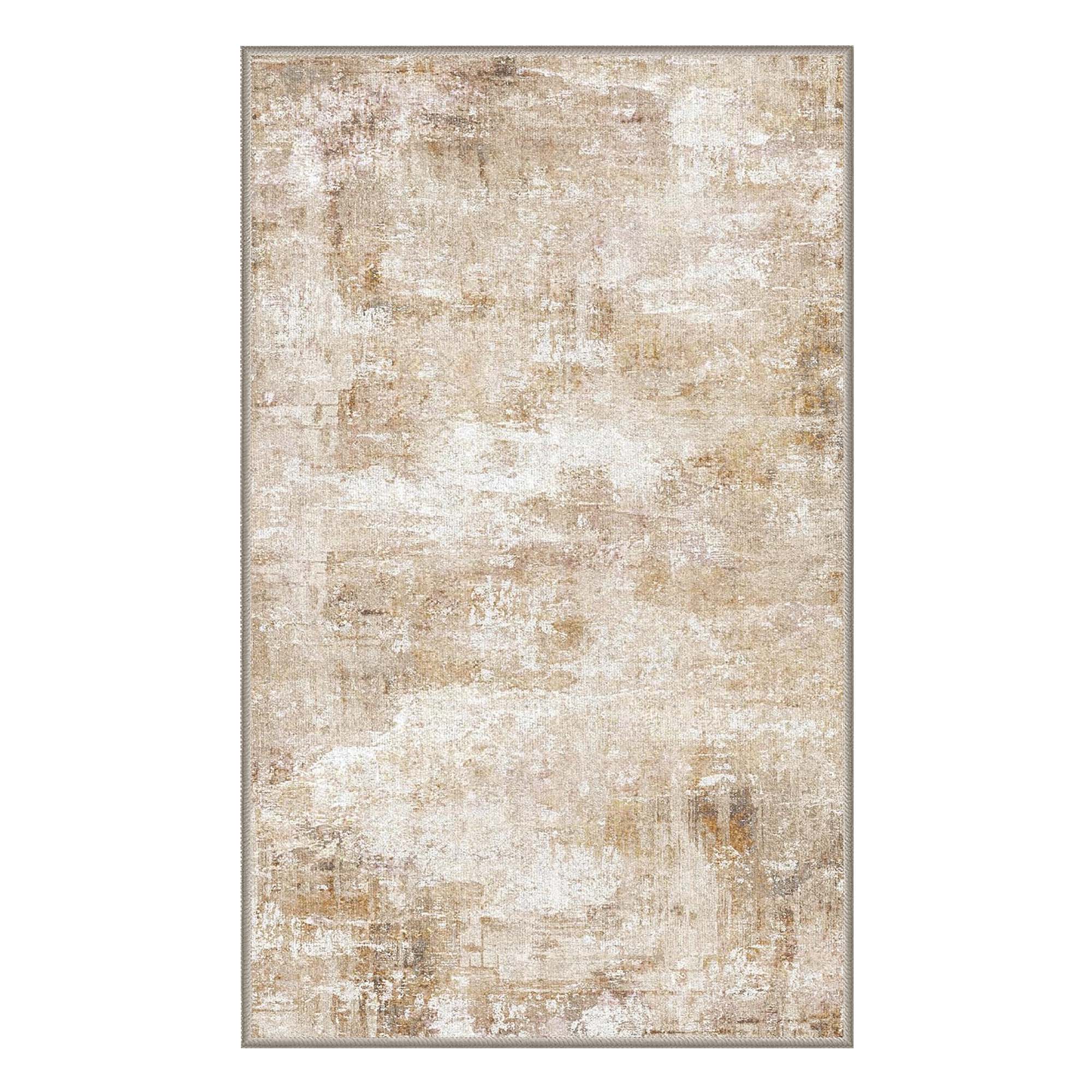 Beige, cream, & brown faux wool rug with abstract distressed Dream Maze pattern. Soft, washable area rug for effortless home decor.