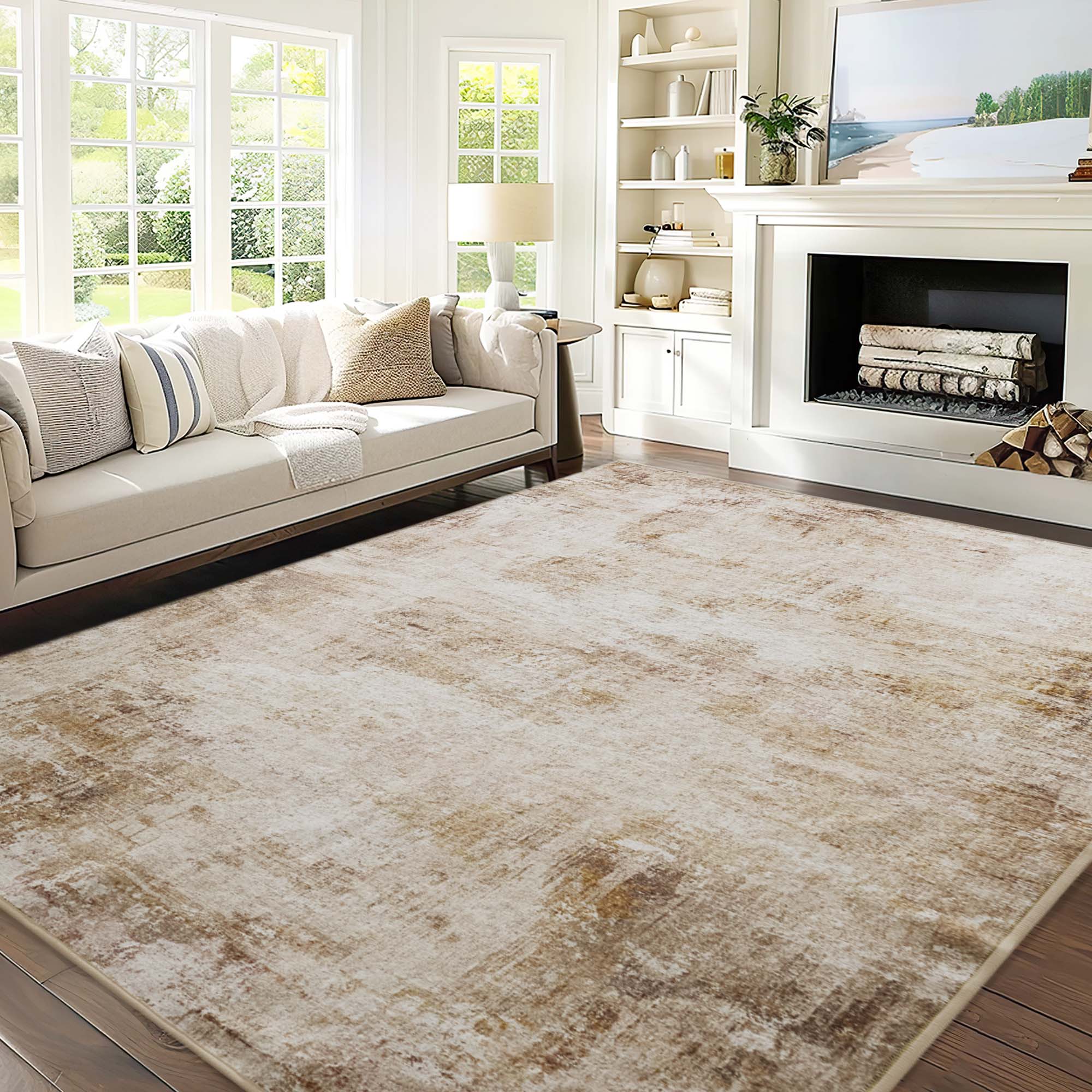 Faux Wool Dream Maze rug in cream and beige with a distressed abstract pattern, anchoring a bright living room space.