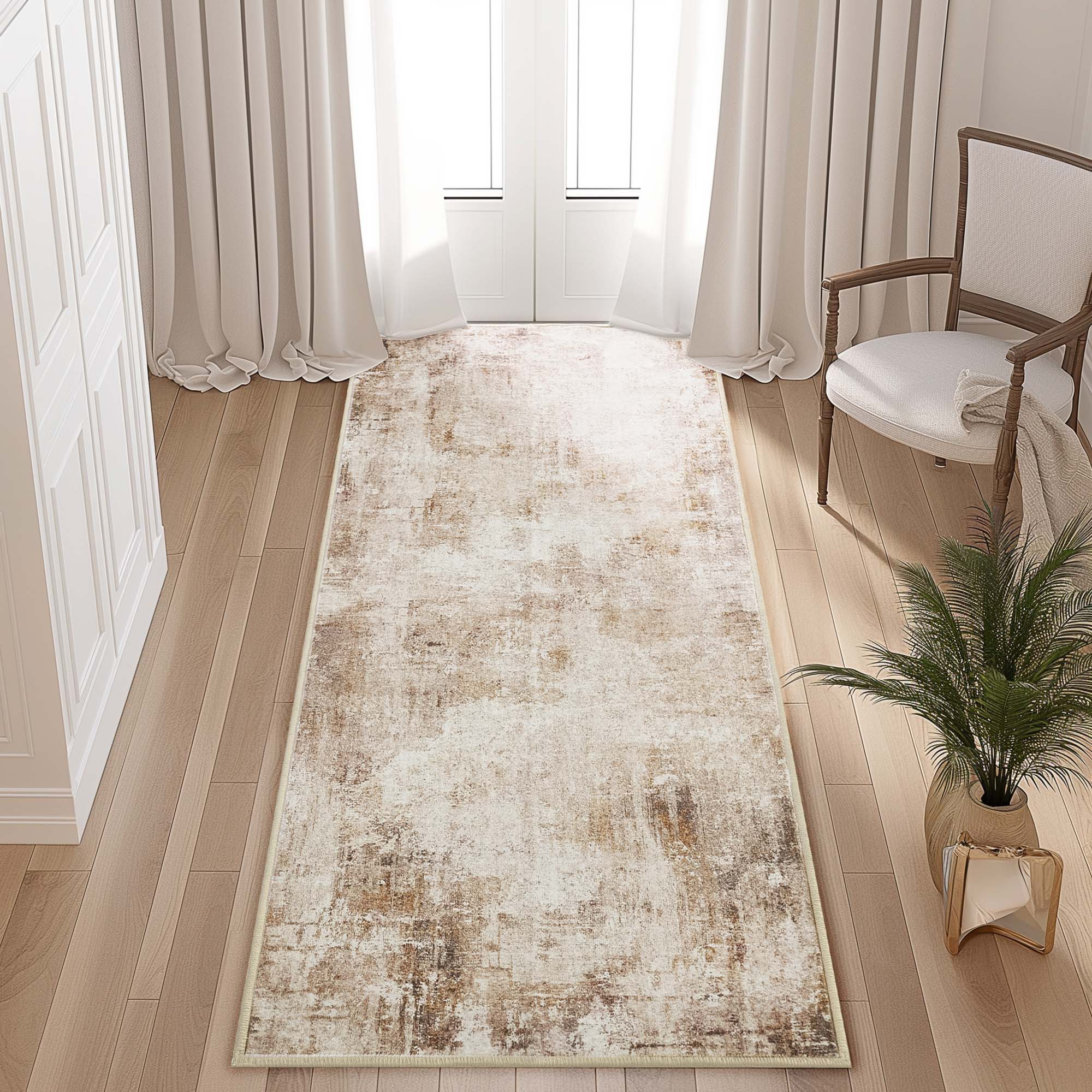 Dream Maze faux wool runner rug with a cream and brown distressed pattern on a wood floor, complementing neutral curtains and furniture.