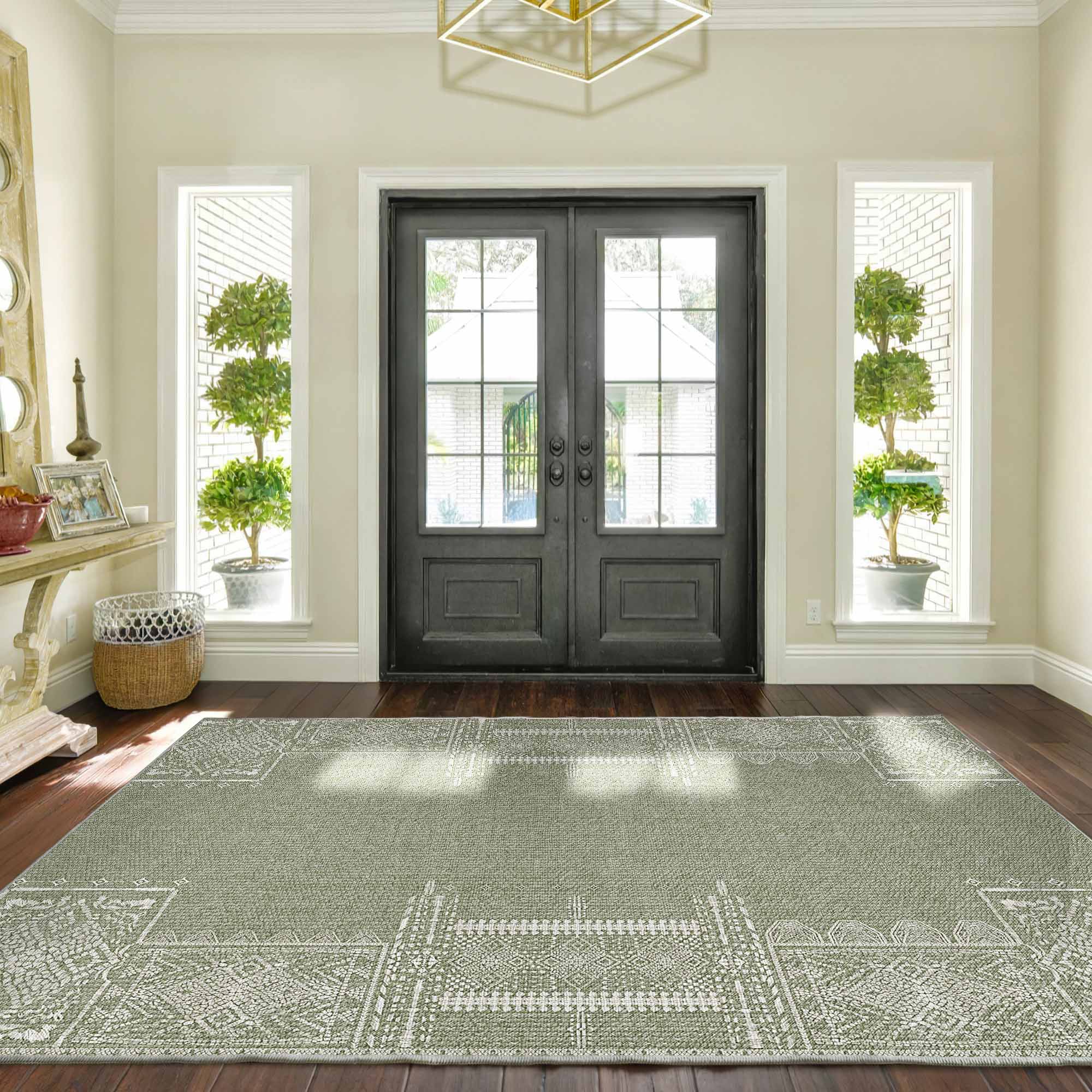 Full view of light green Mobius faux wool rug with intricate white geometric patterns, adorning a dark wood entryway floor.