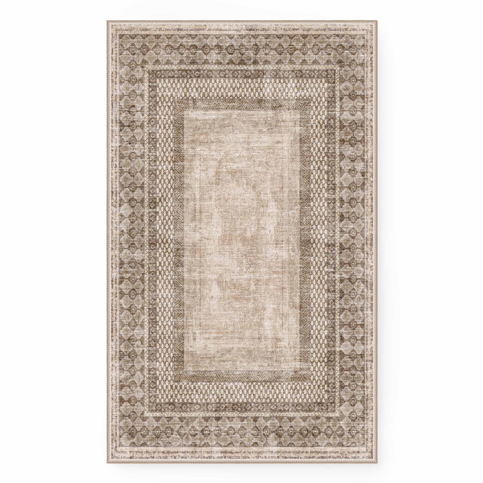 Brown and beige faux wool rug with a prominent tribal patterned border and a distressed rectangular center.