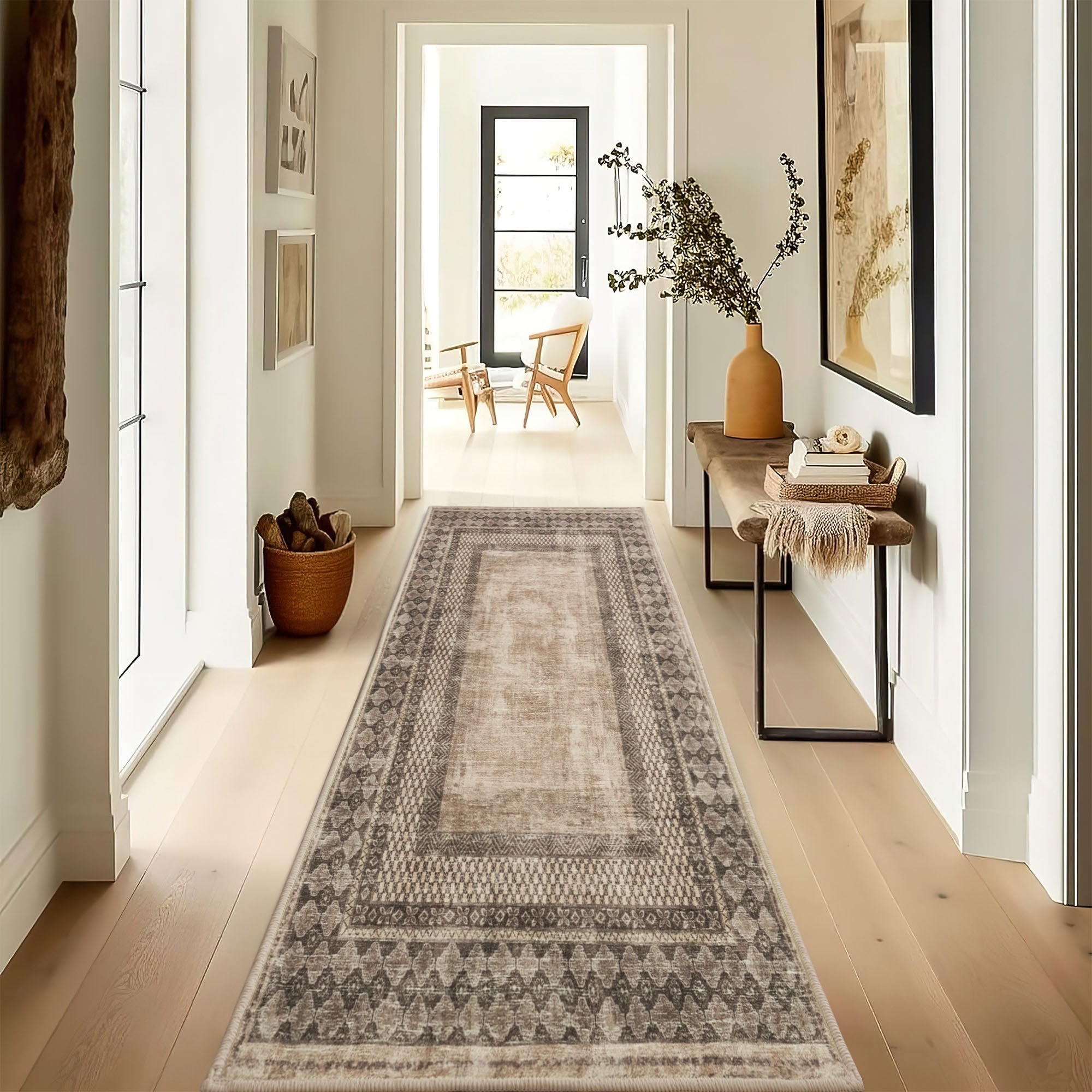 Tribal Realm faux wool runner rug in a bright hallway with light wood floors, highlighting its distinct beige tribal patterns.