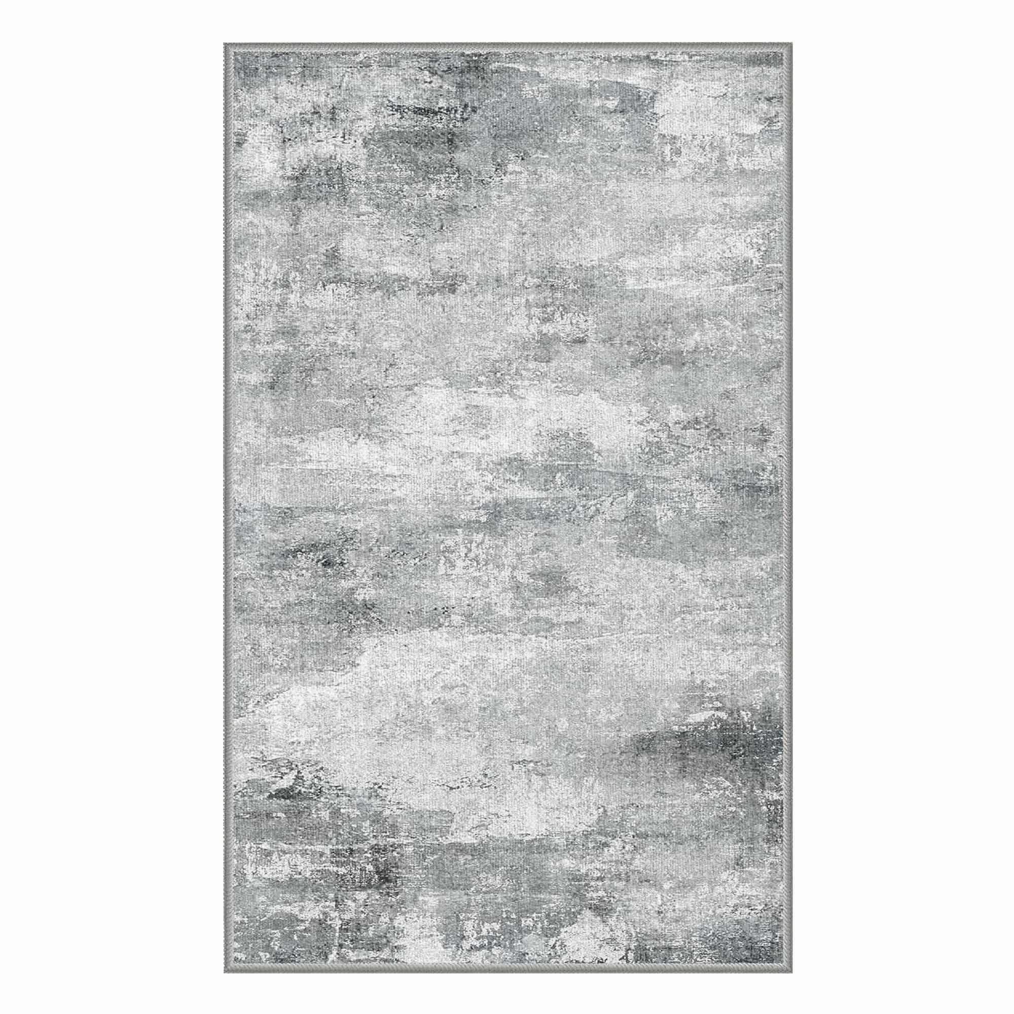 Rectangular Faux Wool Rug with a grey and white abstract, distressed Dream Maze pattern, full top-down view.