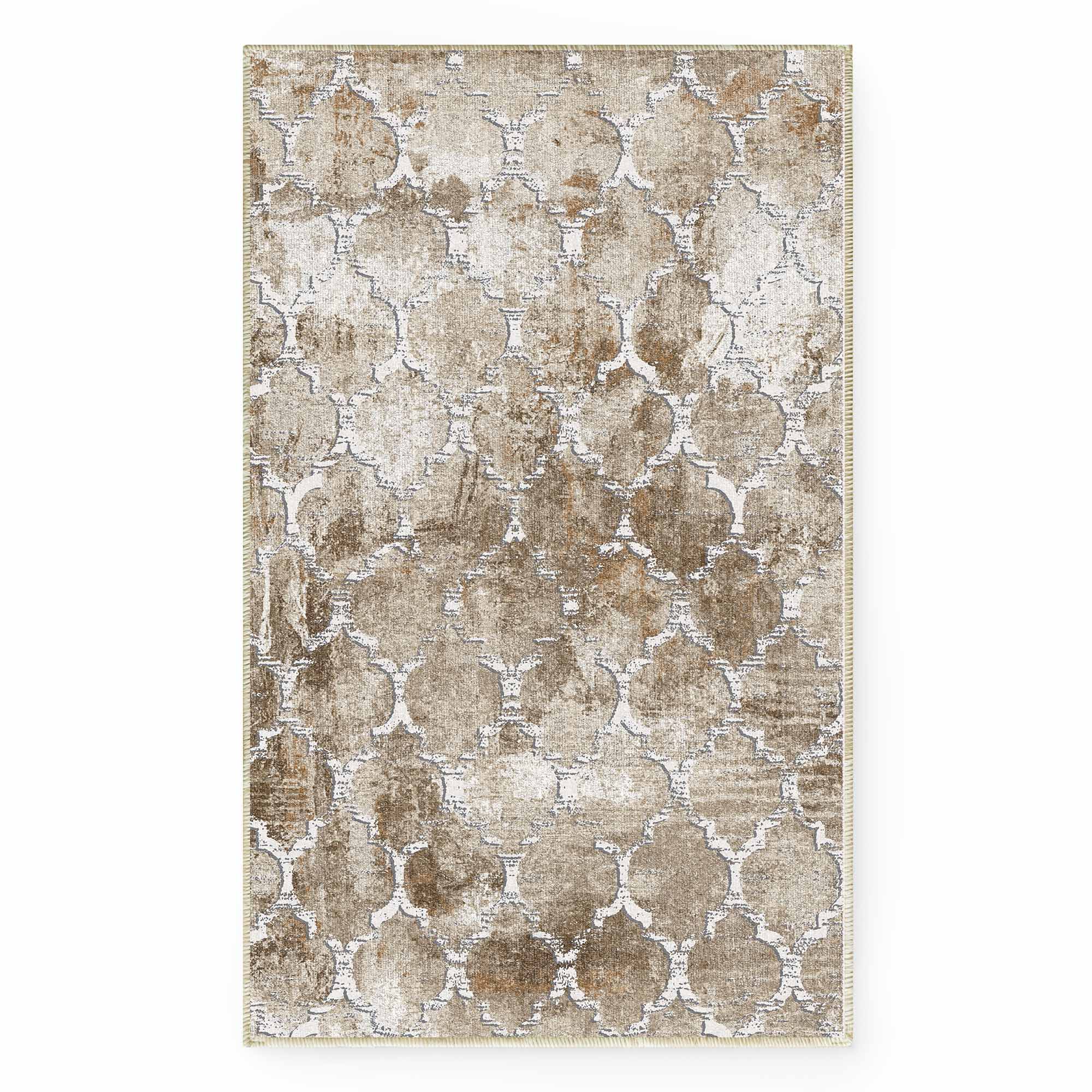 Interwined Shadows faux wool rug featuring a distressed geometric pattern in brown, beige, and white. Washable area rug.