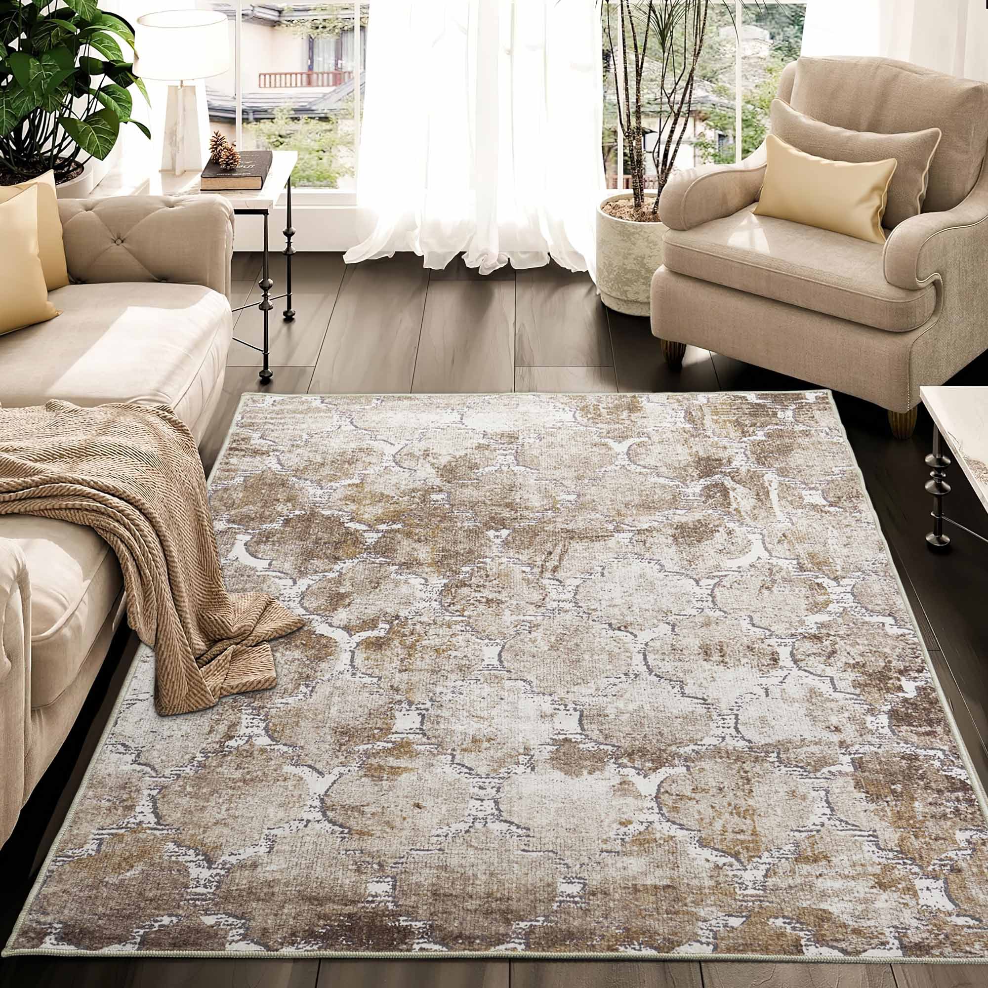 Intertwined Shadows faux wool rug in a living room, featuring a distressed brown and beige abstract pattern on dark wood floors.