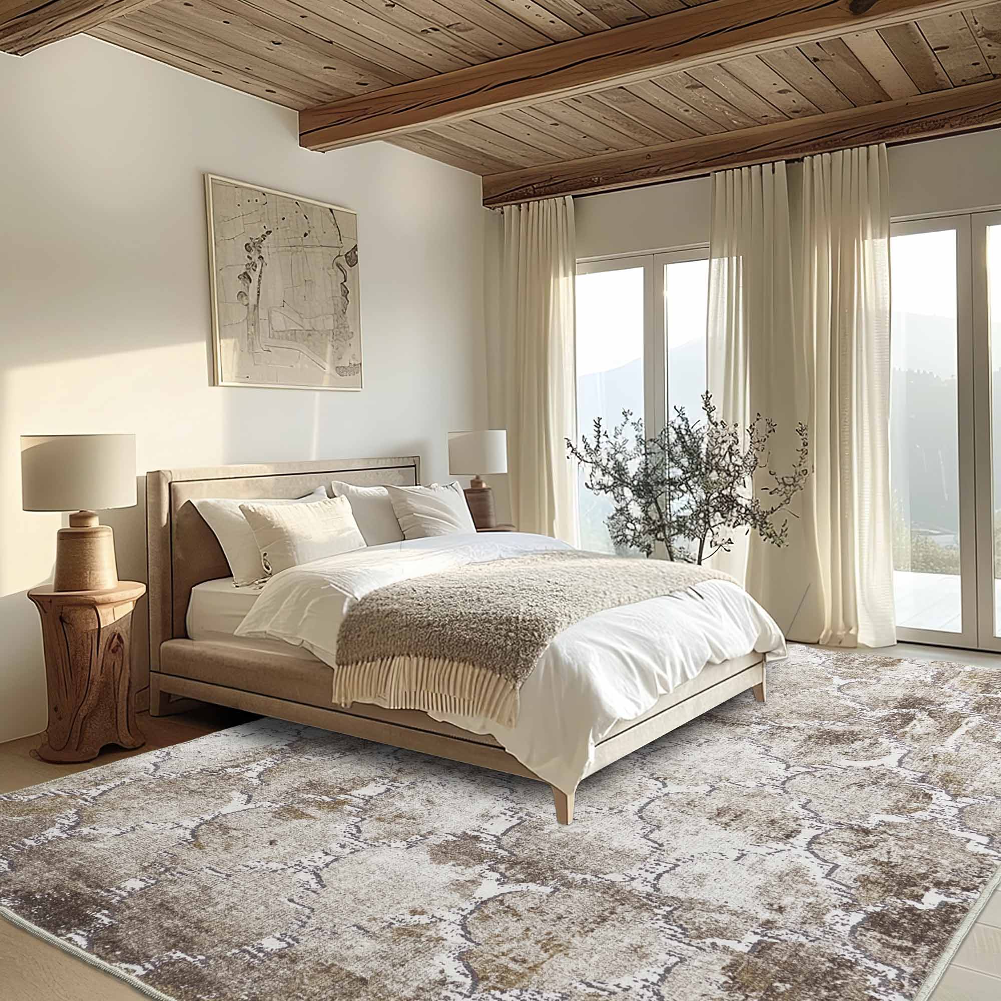 Full view of the Intertwined Shadows faux wool rug under a bed in a bright bedroom, showing its distressed brown and cream pattern.