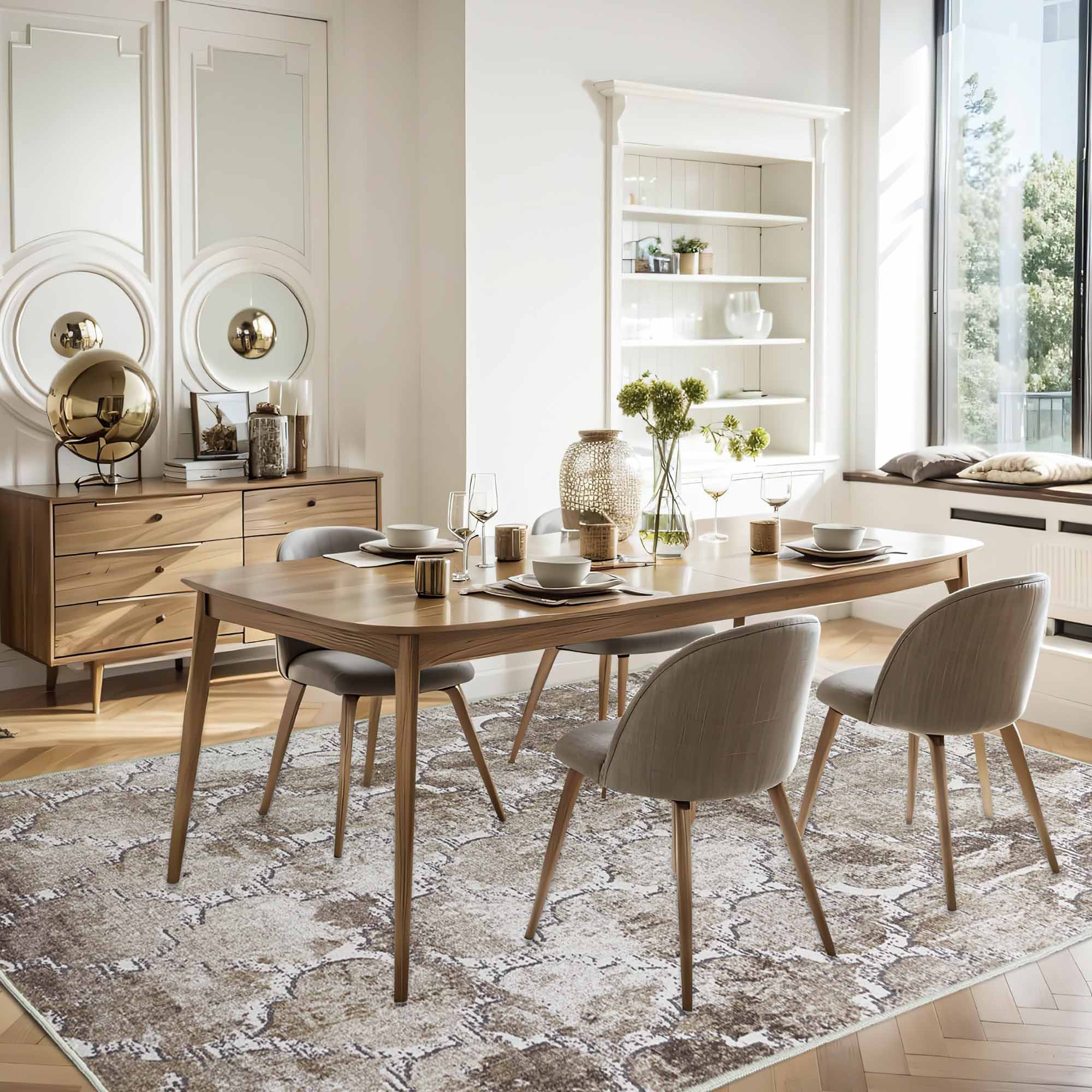 Faux wool rug with Interwined Shadows abstract pattern in beige and brown under a wooden dining table in a bright room.