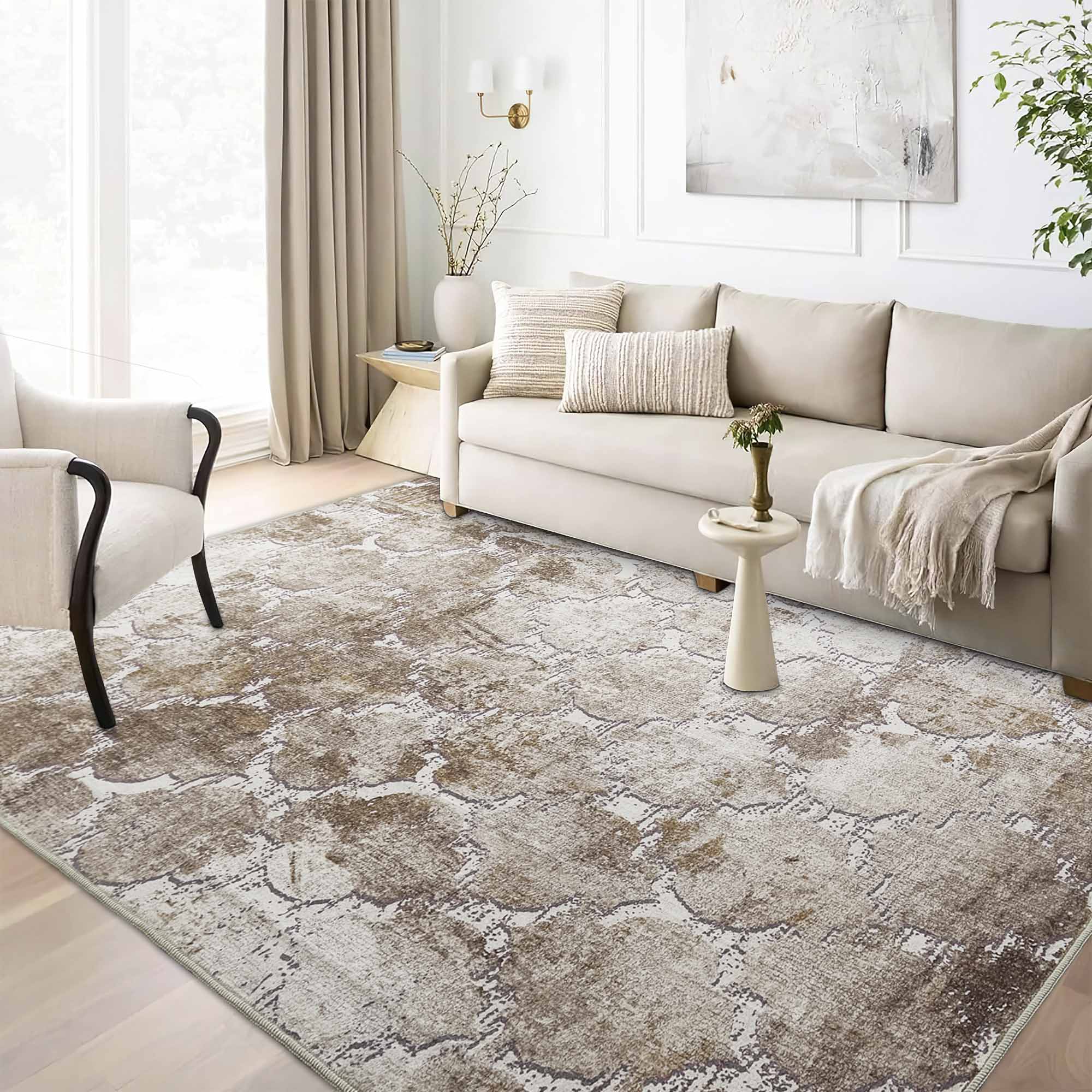 Large faux wool rug, Intertwined Shadows, featuring a distressed abstract pattern in shades of brown, white, and gray, in a modern living room.