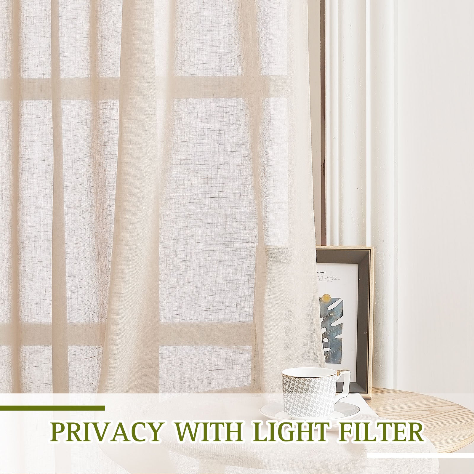 Light beige faux linen sheer curtain filters sunlight through a window, providing privacy while showing the fabric's texture.
