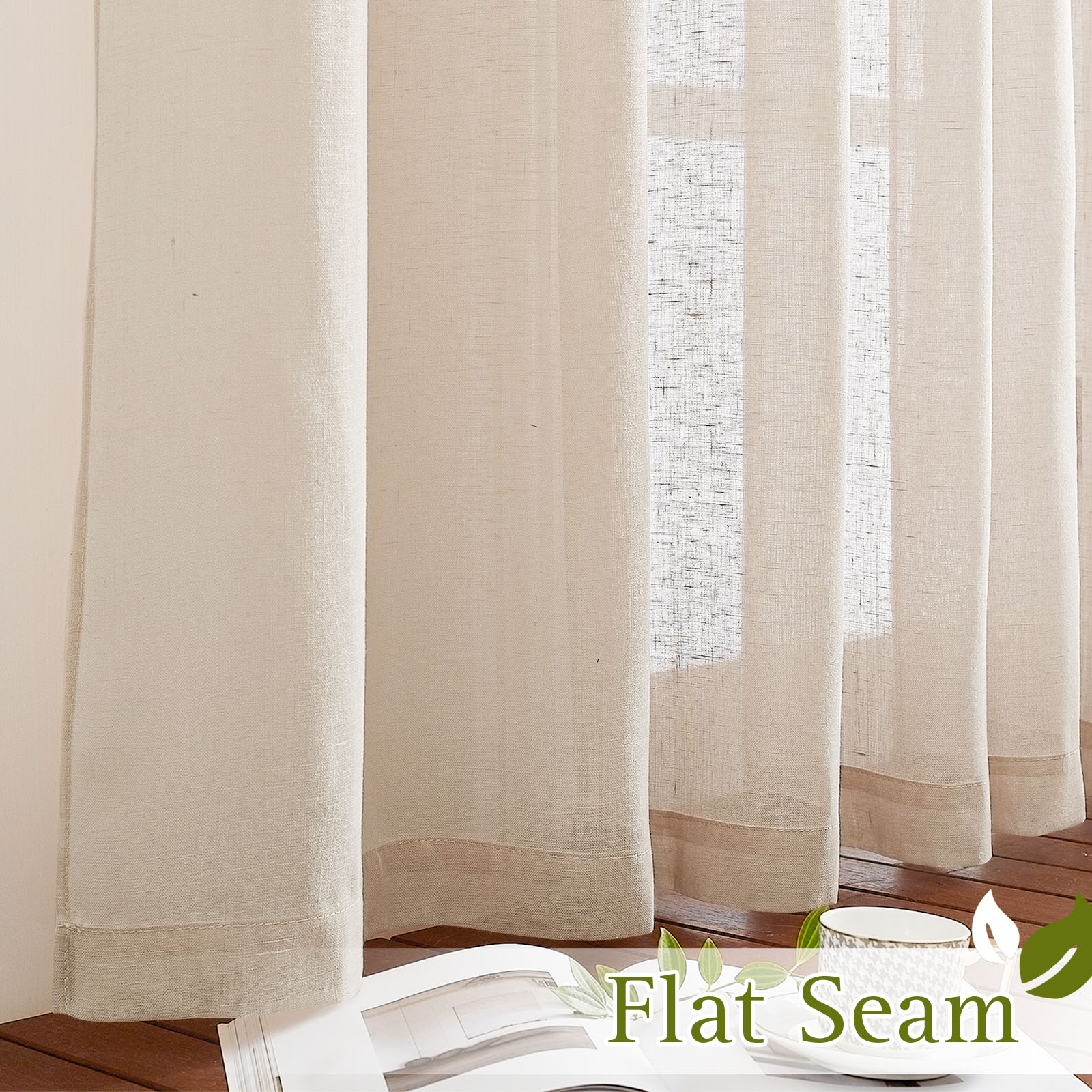 A close-up view of the detailed flat seam at the hem of a light-filtering faux linen sheer curtain.