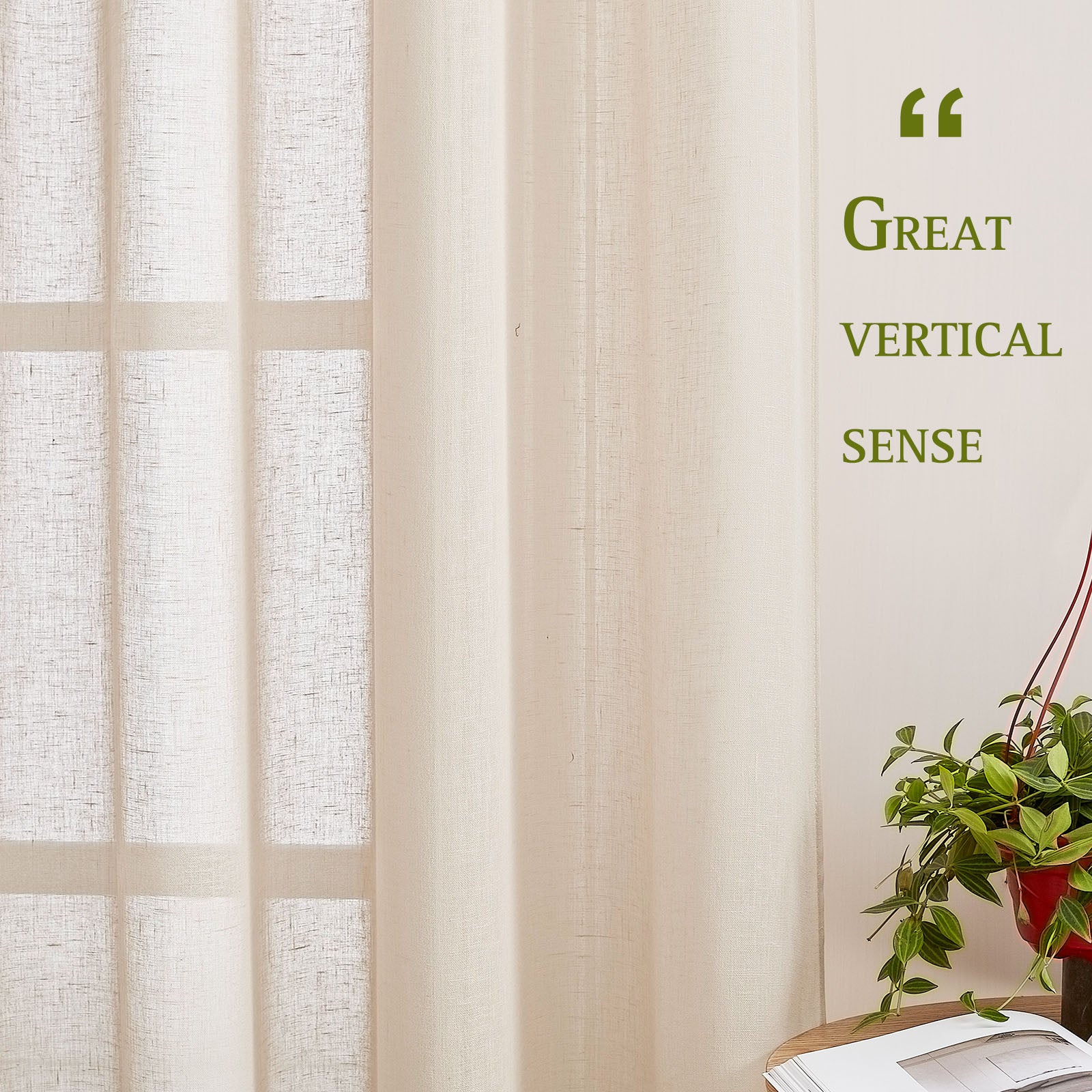 Close-up of off-white faux linen sheer curtains showing the vertical drape and light-filtering textured fabric.