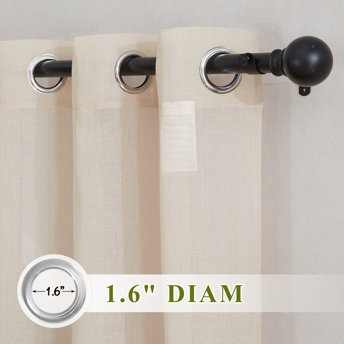 Close-up of beige faux linen sheer curtains with silver metal grommets, showing the 1.6-inch diameter for the curtain rod.