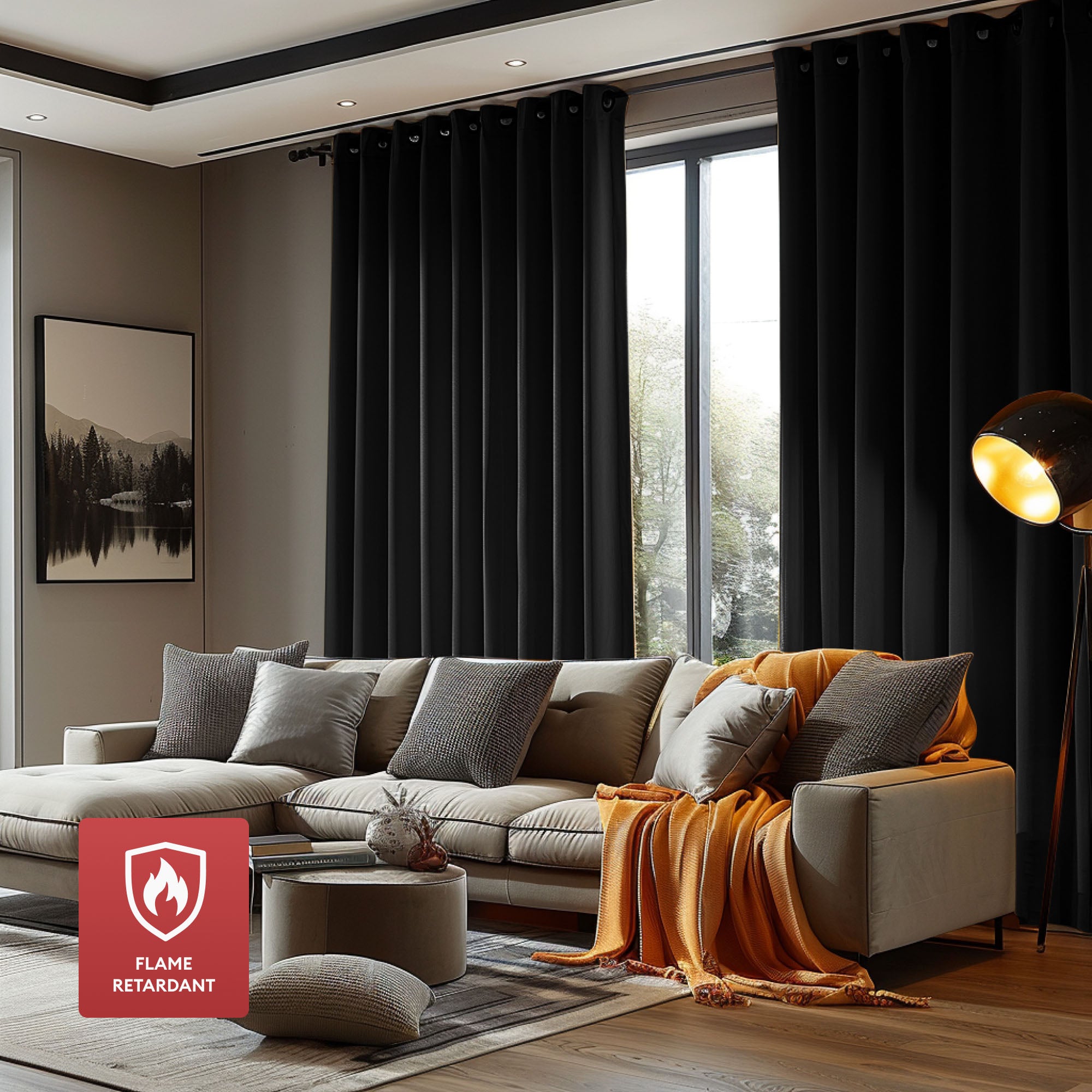 Modern living room featuring black flame retardant blackout curtains on a large window, a beige sectional sofa, and a floor lamp.