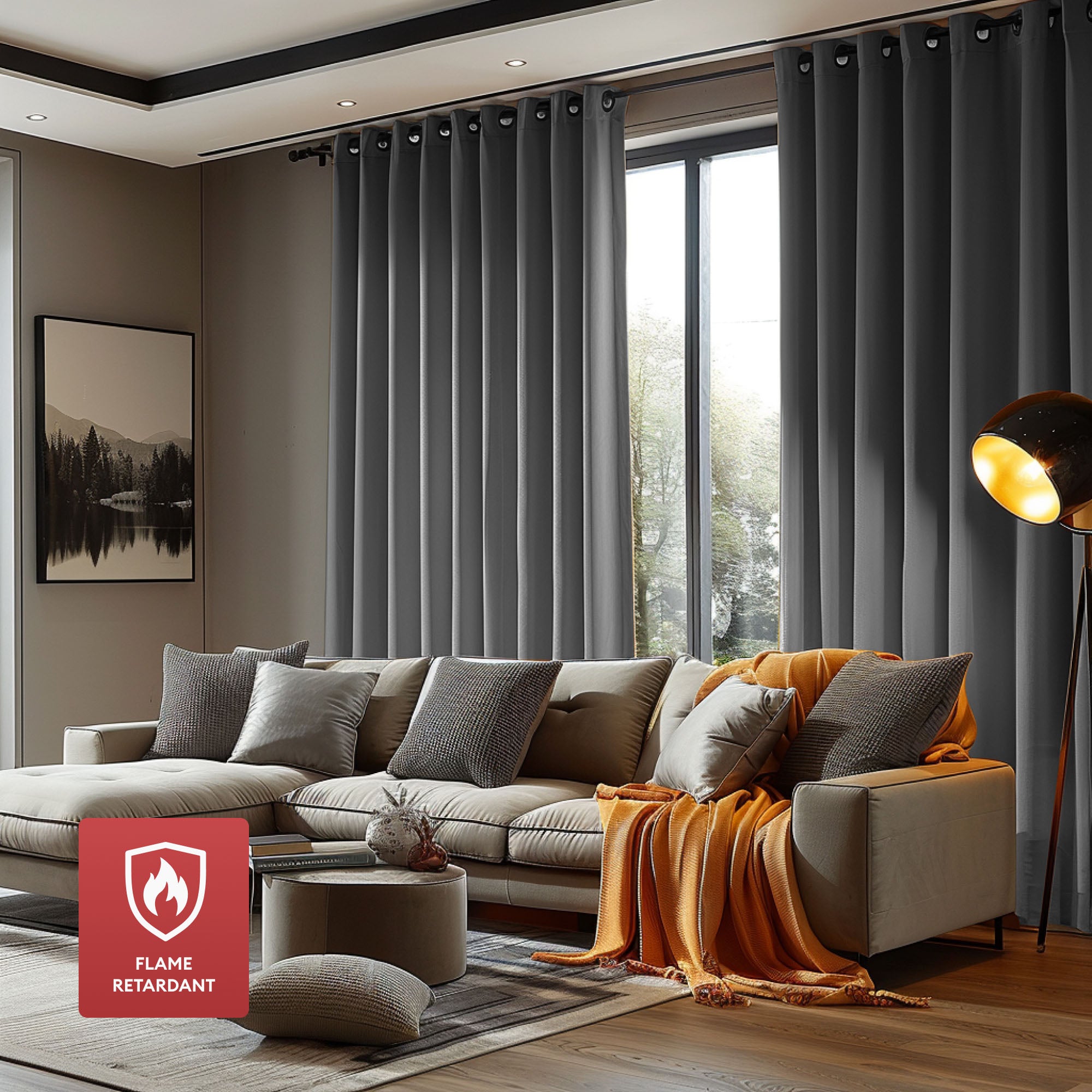 Dark grey flame retardant curtains with grommet tops in a modern living room, showcasing their elegant drape.