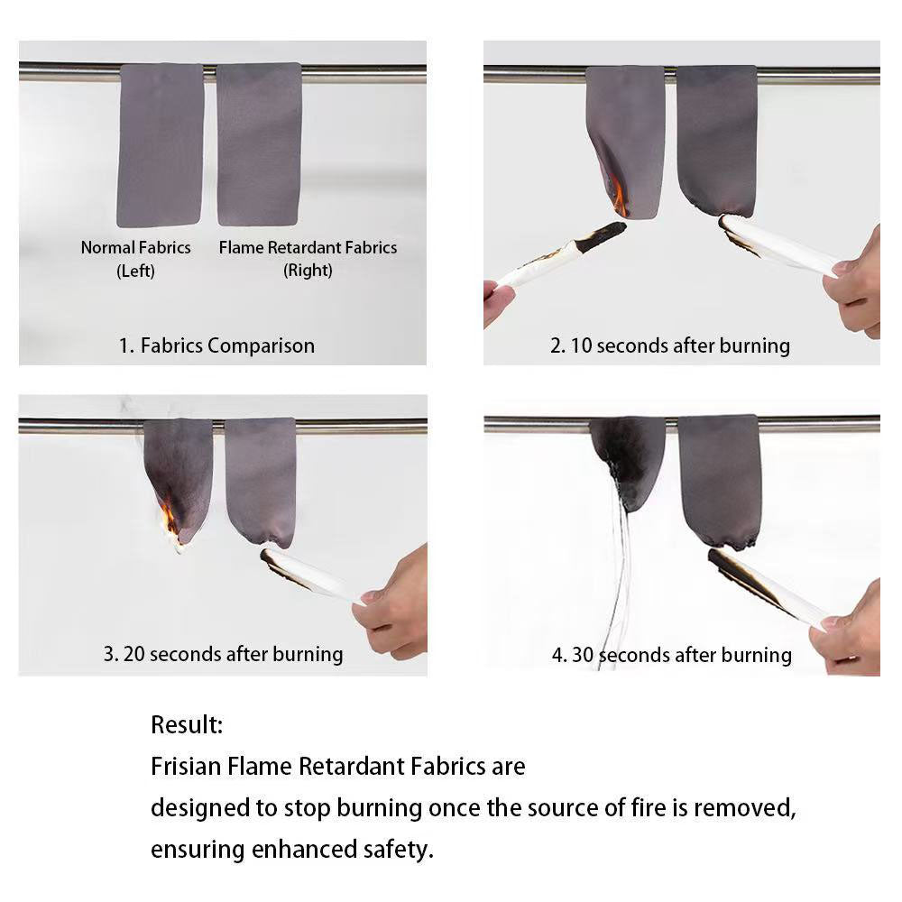 Flame retardant curtain fabric comparison showing how it resists burning over 30 seconds, unlike normal fabric for fire safety.
