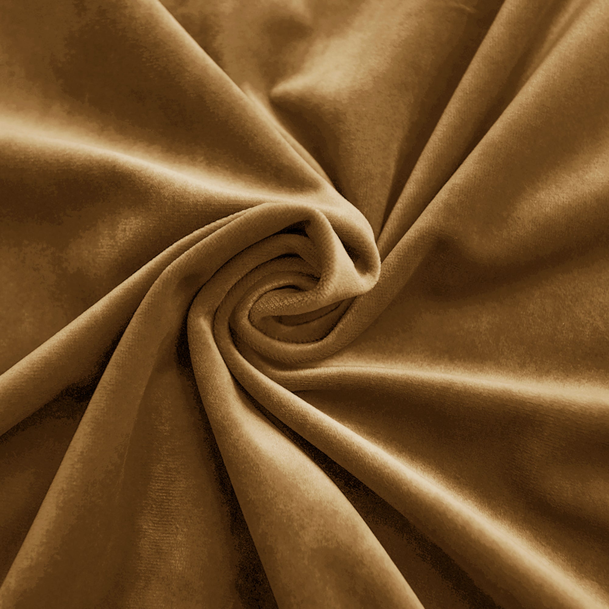 Close-up of luxurious golden brown velvet fabric swatch, folded and swirled to showcase its soft texture and rich sheen.