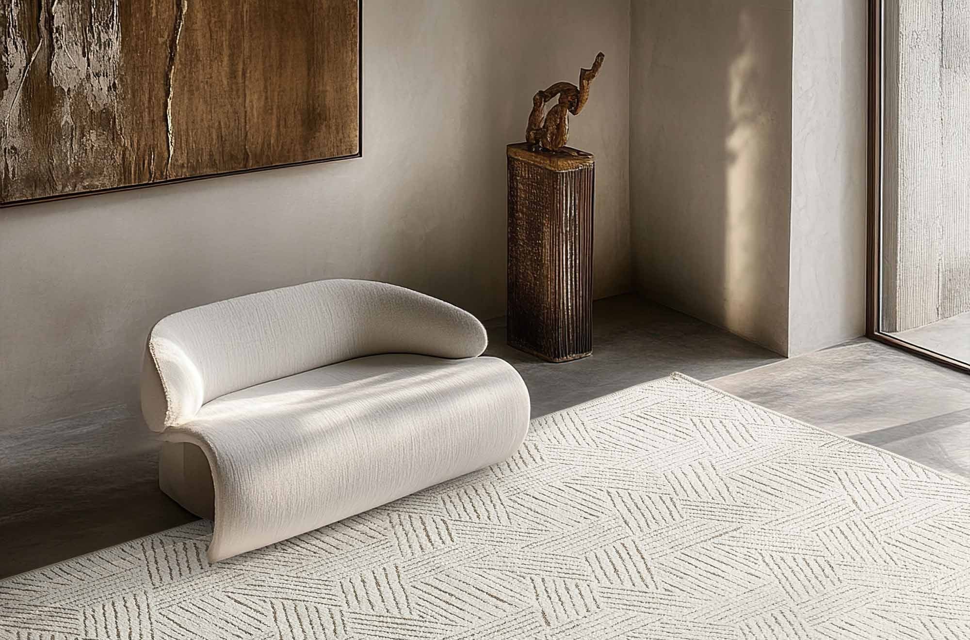 Light-colored Jacquard Chenille Area Rug featuring a subtle geometric pattern, showcased in a modern room with a curved white chair.