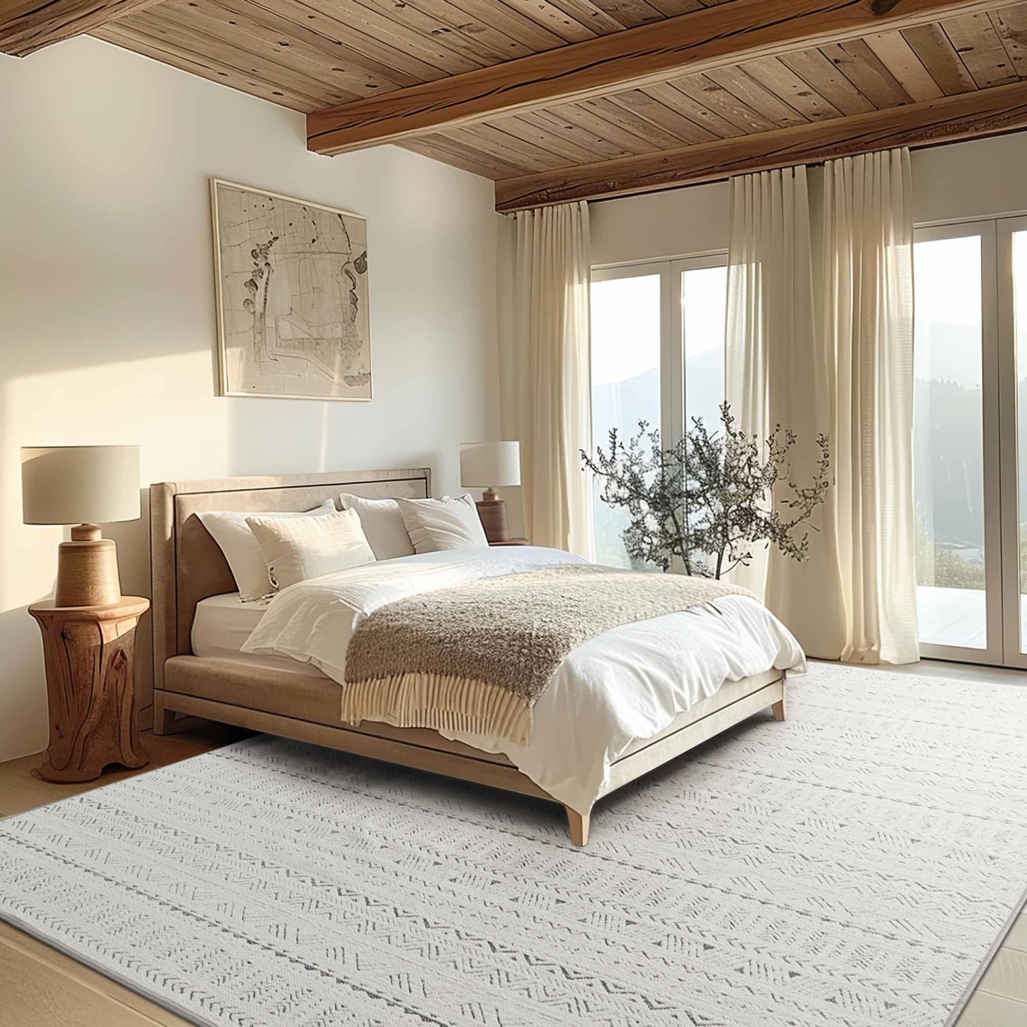 Light gray Jacquard Chenille area rug with subtle geometric Tubekale Moroccan pattern laid out in a sunny, inviting bedroom under a bed.