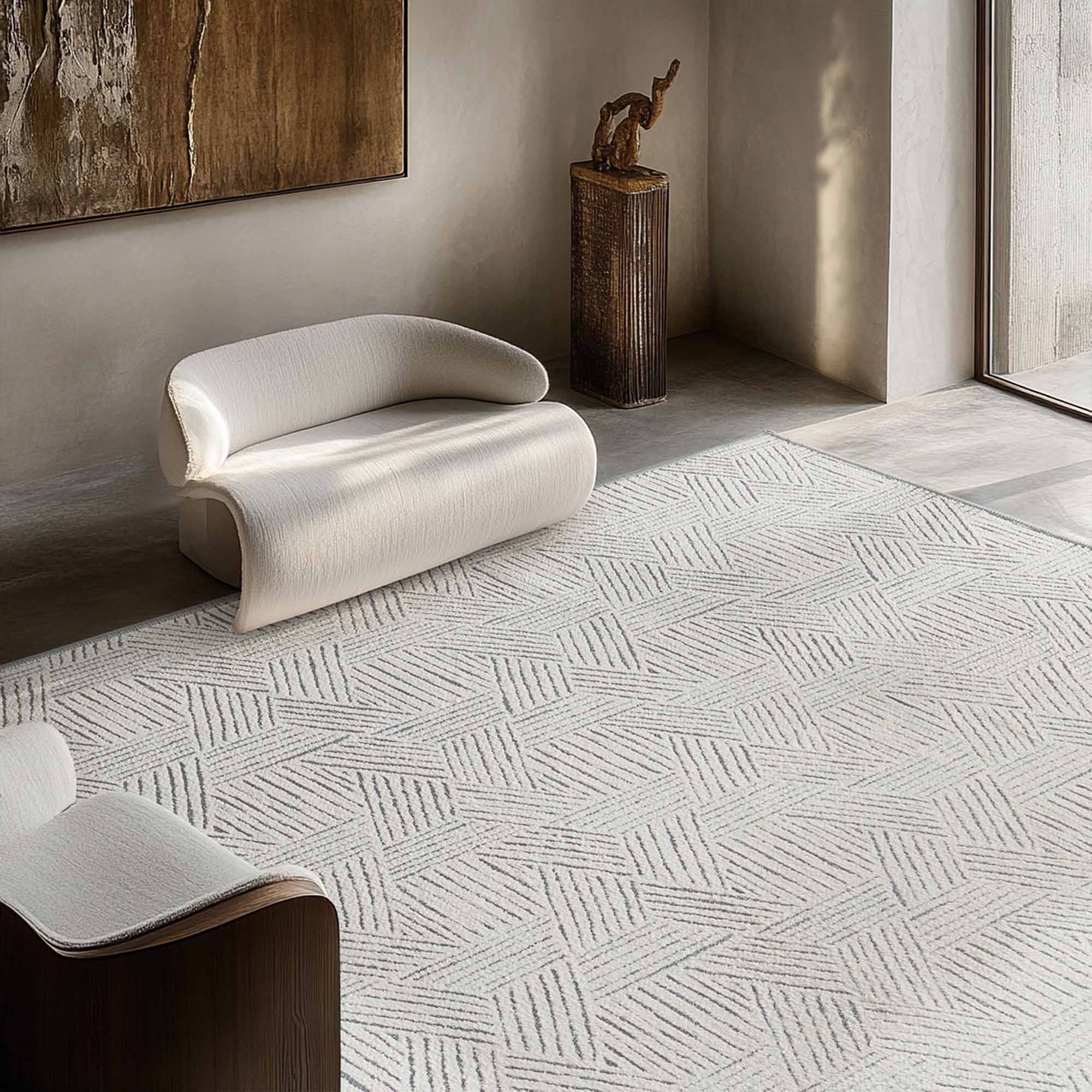 Jacquard Chenille area rug, light gray, with a modern, tessellated geometric pattern of intersecting lines in a sunlit room.