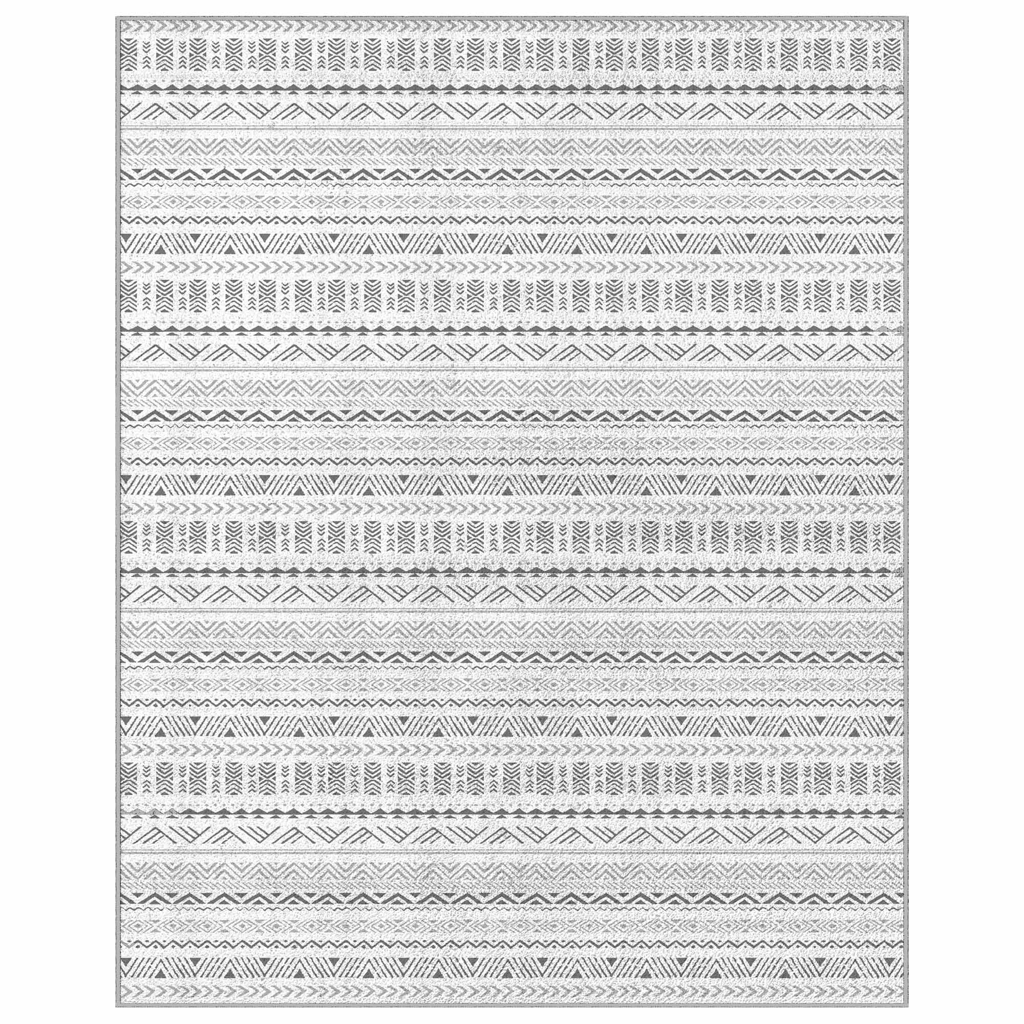 Soft, washable grey & white Moroccan jacquard chenille area rug with geometric tribal patterns.