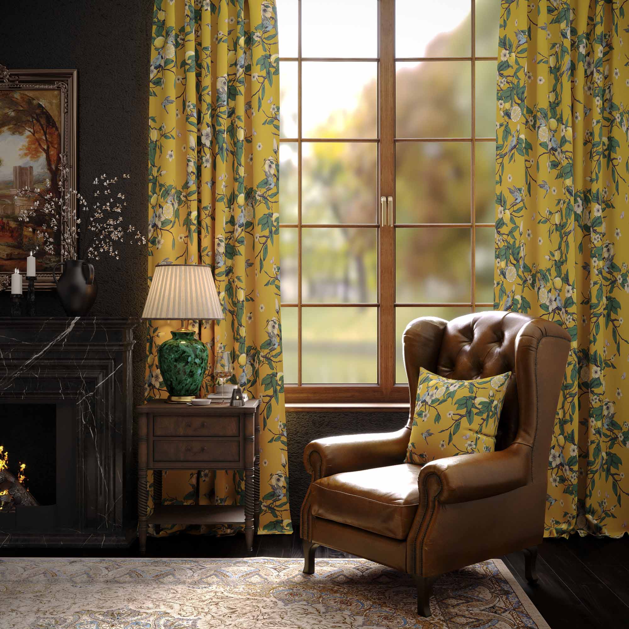 Lemon Hummingbird Patterned Vintage Curtains#color_mustard-yellow