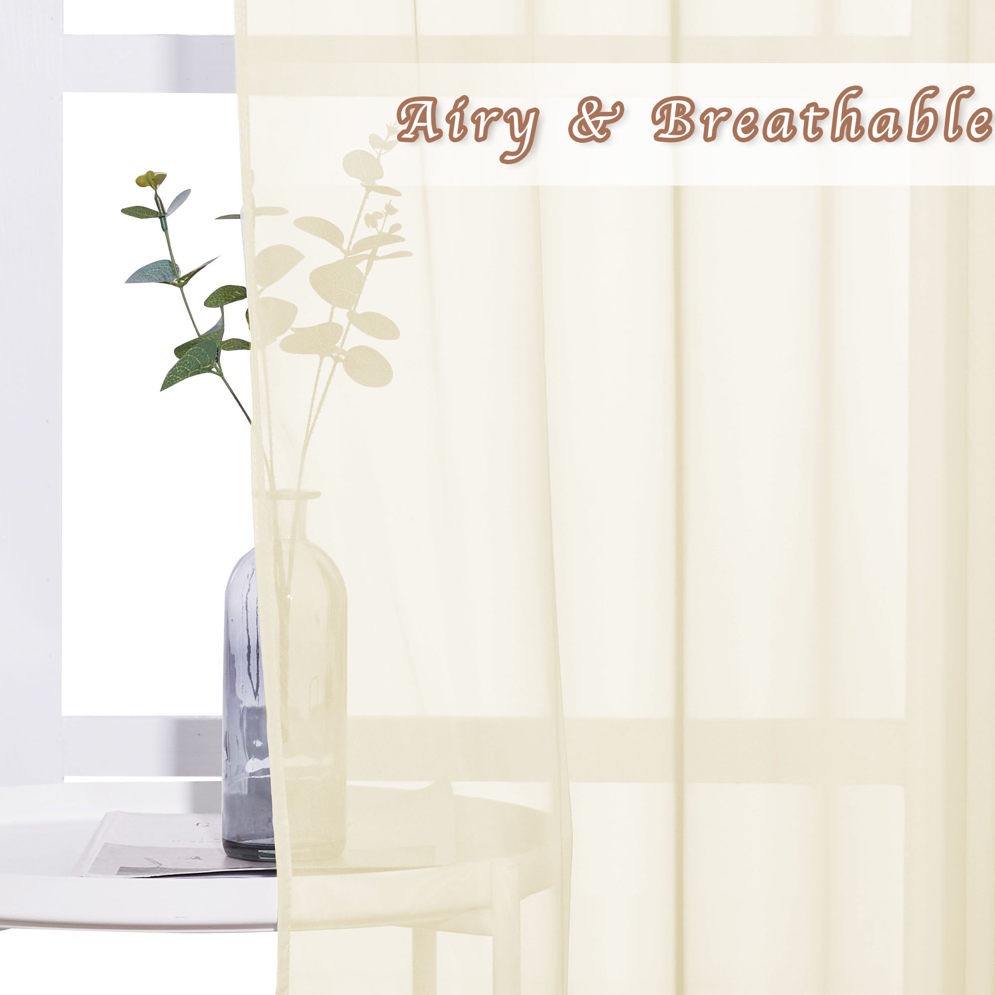 An airy, off-white sheer curtain filtering sunlight, with the shadow of a plant in a vase cast on its breathable fabric.
