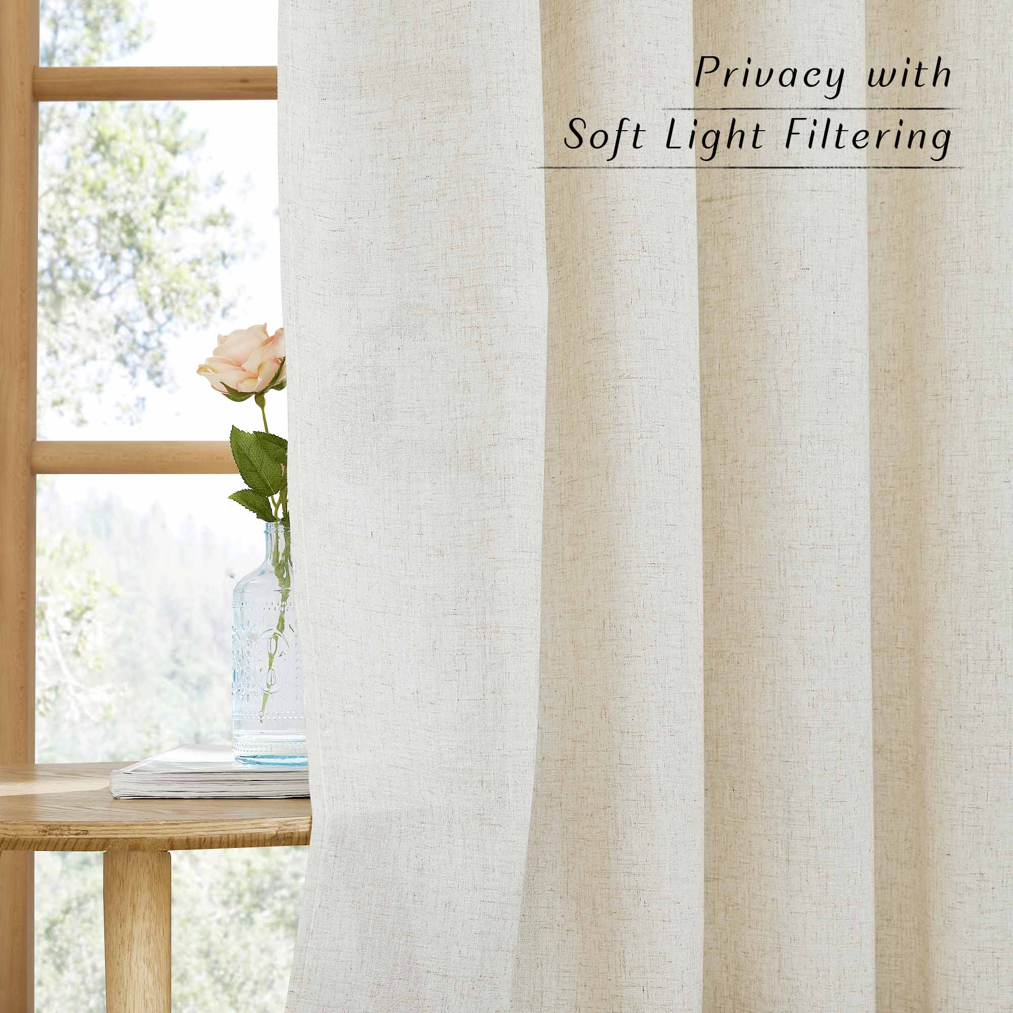 Close-up of a textured linen curtain by a window, showing how it filters soft light while providing privacy.