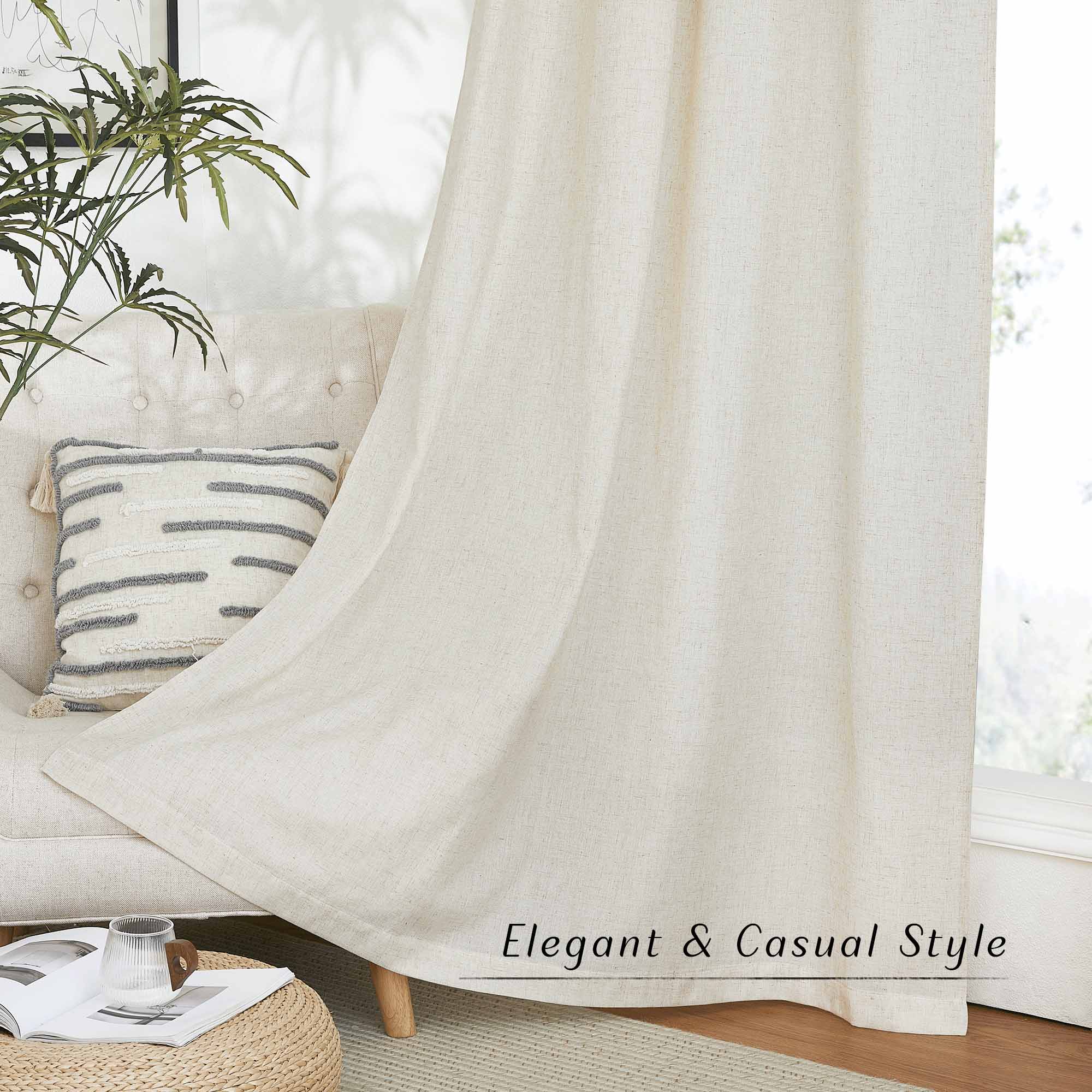 An off-white linen curtain panel drapes elegantly over a tufted armchair, showcasing its soft texture in a casual setting.