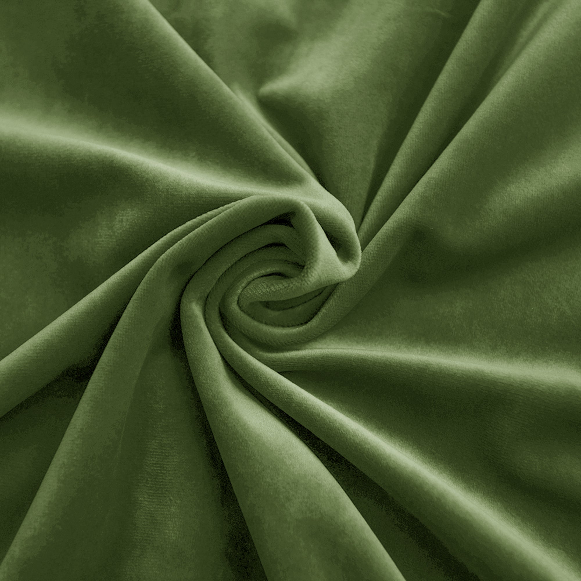 Olive green velvet fabric swatch showing soft folds and its luxurious sheen