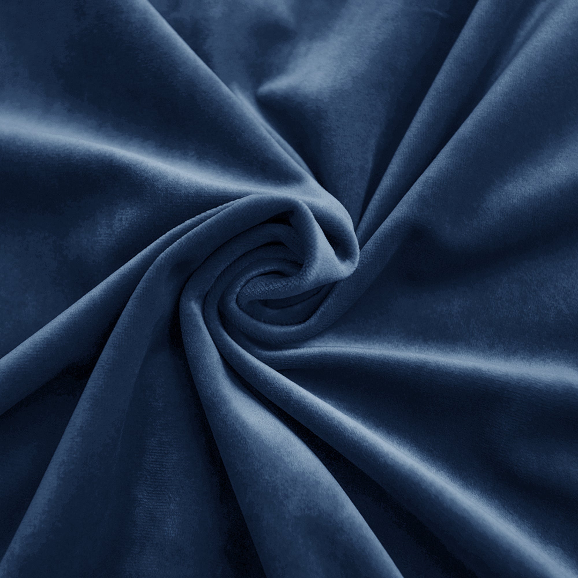 Dark blue velvet fabric swatch with soft folds and luxurious sheen, showcasing its plush texture.