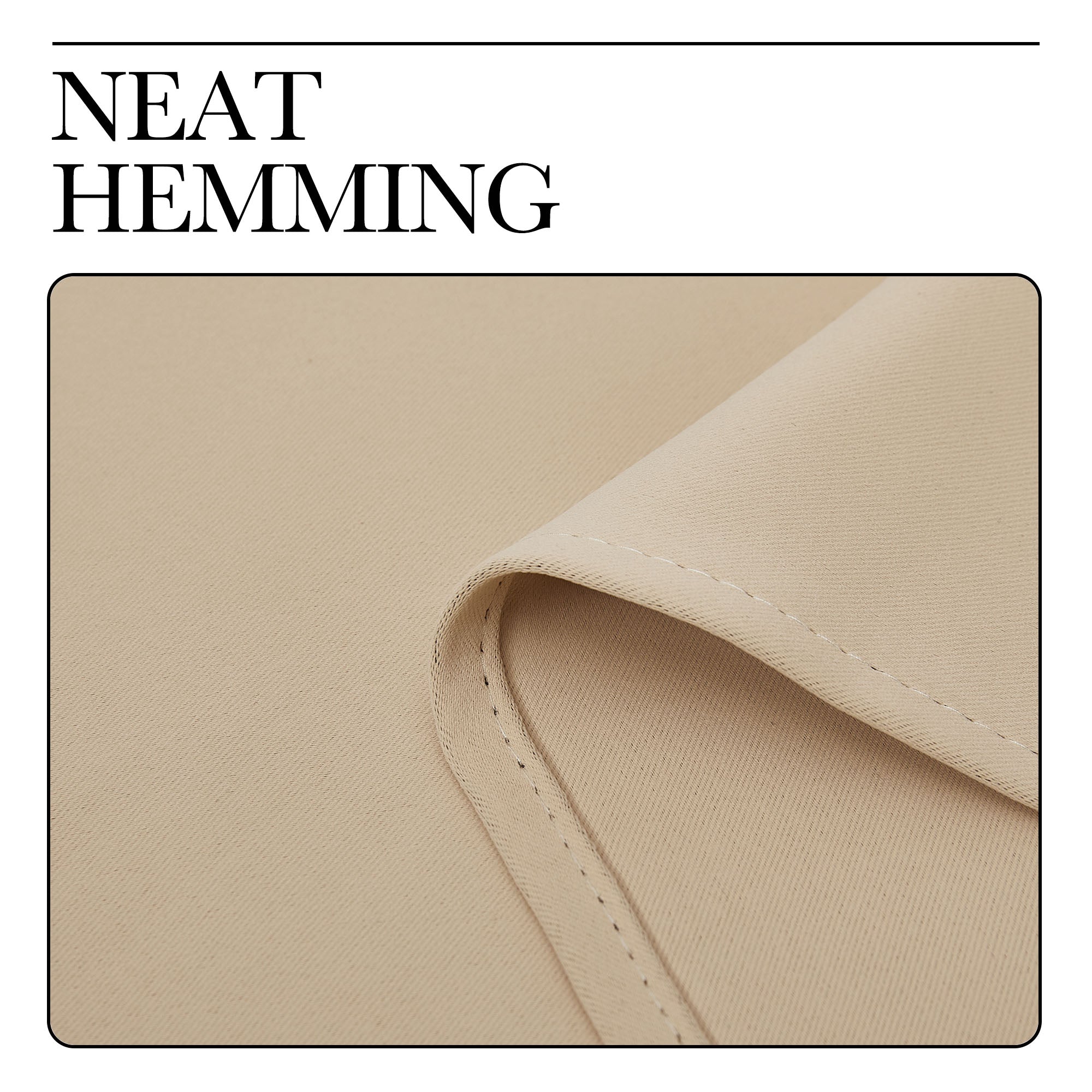 Close-up detail of the neat stitching along the folded hem of a beige fabric room divider curtain.