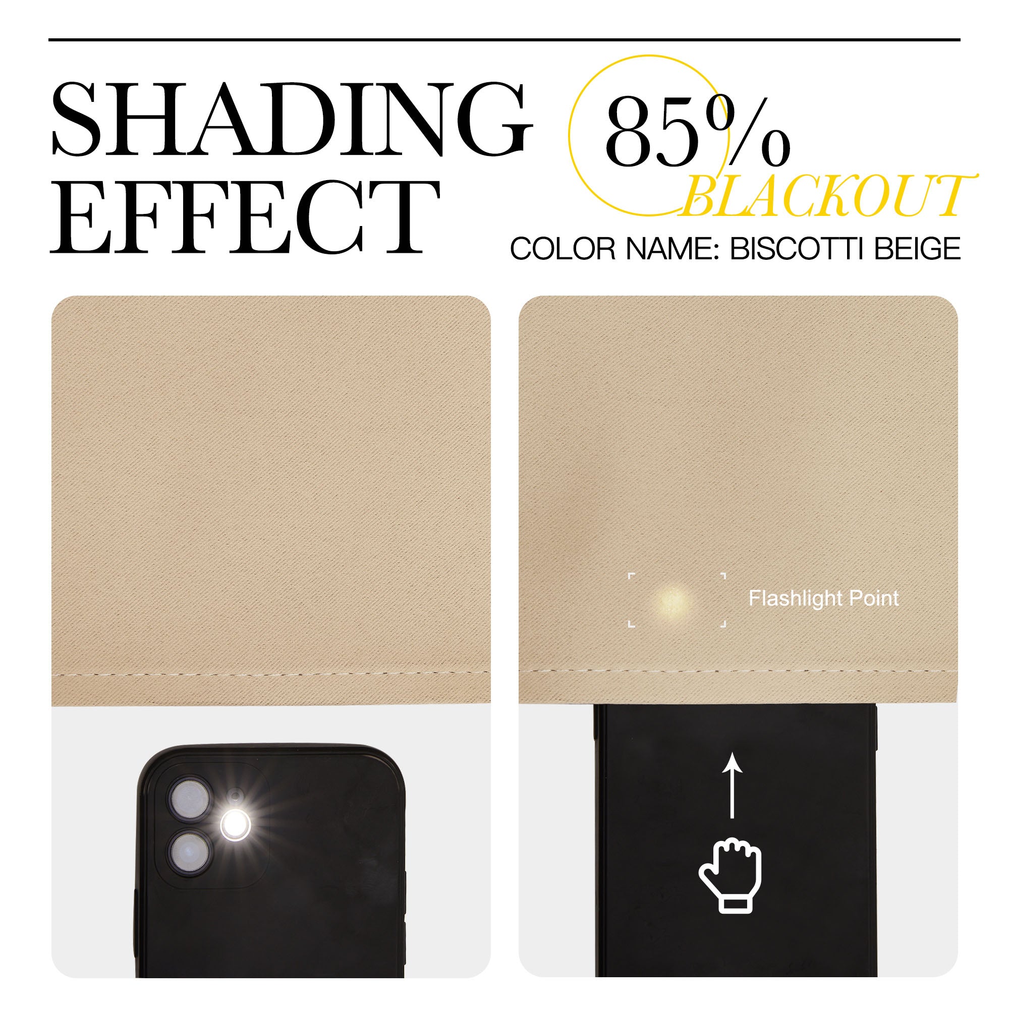 Biscotti Beige room divider curtains demonstrating 85% blackout effect by blocking light from a phone's flashlight.