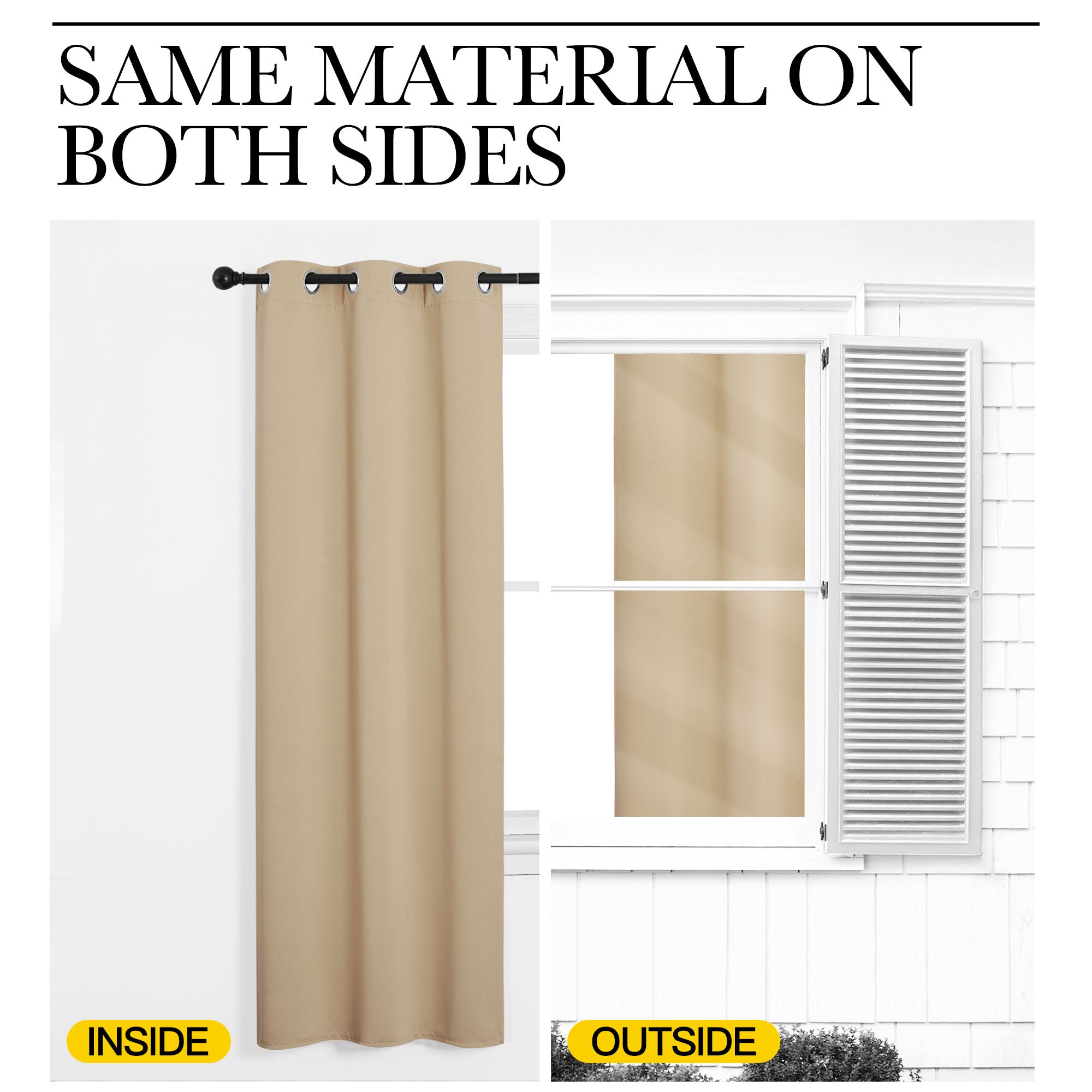 Split view of a beige room divider curtain showing the fabric is the same color and texture from the inside and outside.